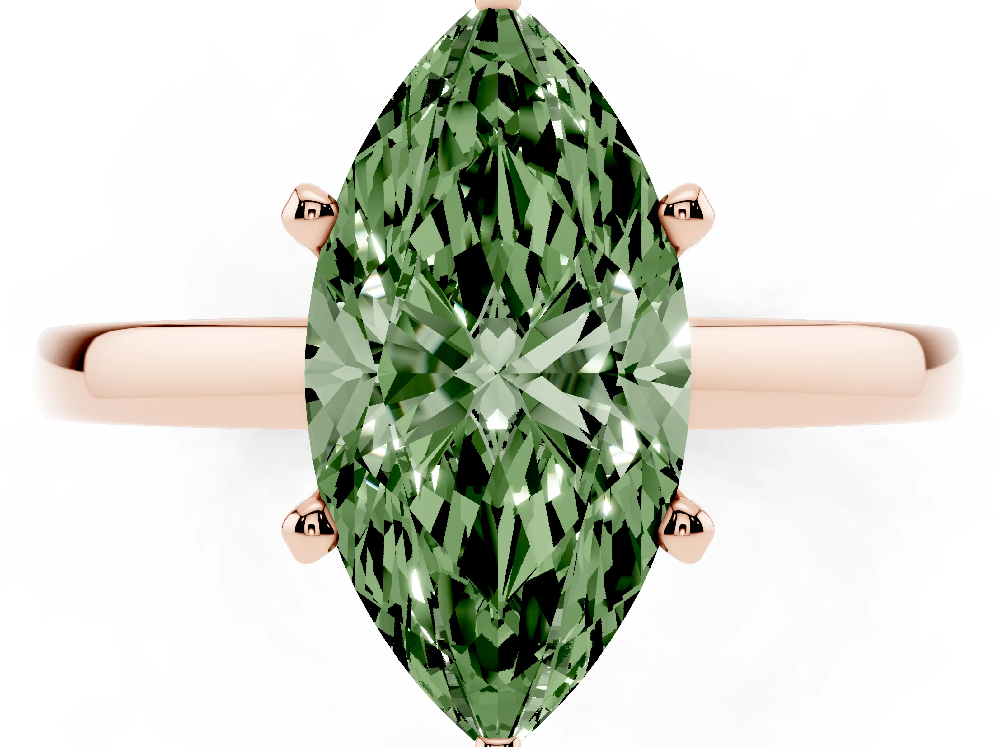 Fancy Green Marquise Cut Diamond Solitaire Engagement Ring Set in Rose gold with Prong Setting on a Classic Band