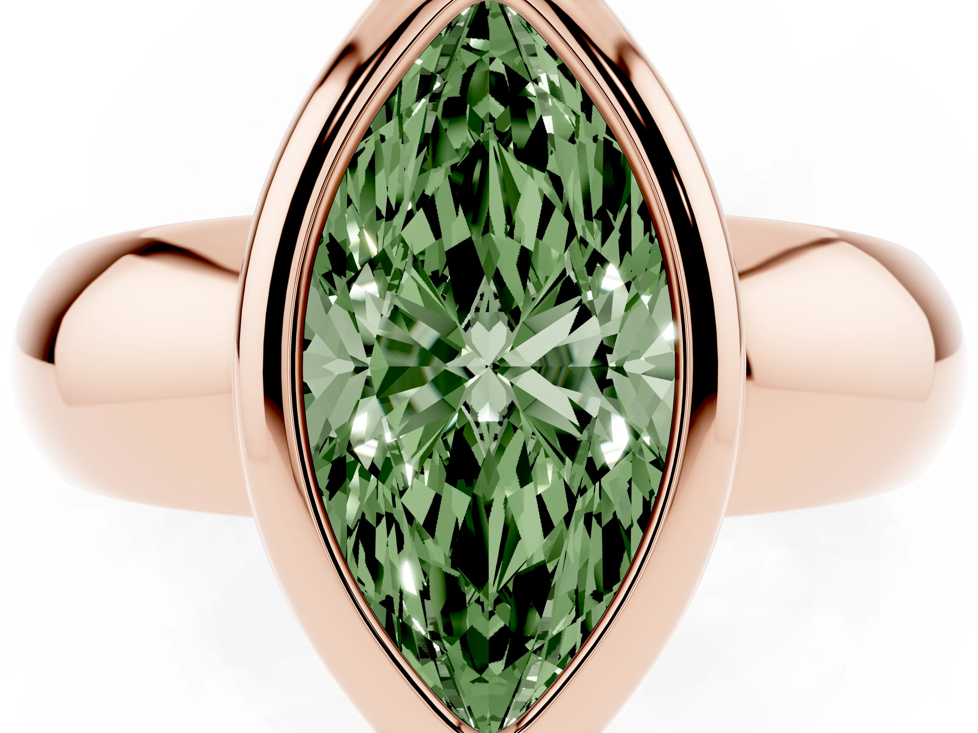 Fancy Green Bezel Set Marquise Cut Diamond Solitaire Ring Set in Rose gold with Wide Band