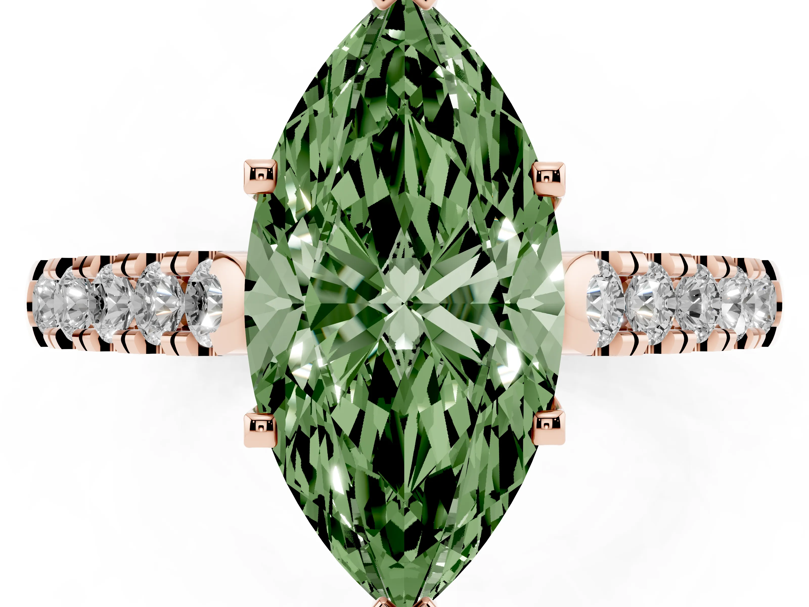 Fancy Green Marquise Cut Diamond Pavé Band Solitaire Ring Set in Rose gold with Partway Accent Stones and Prong Setting