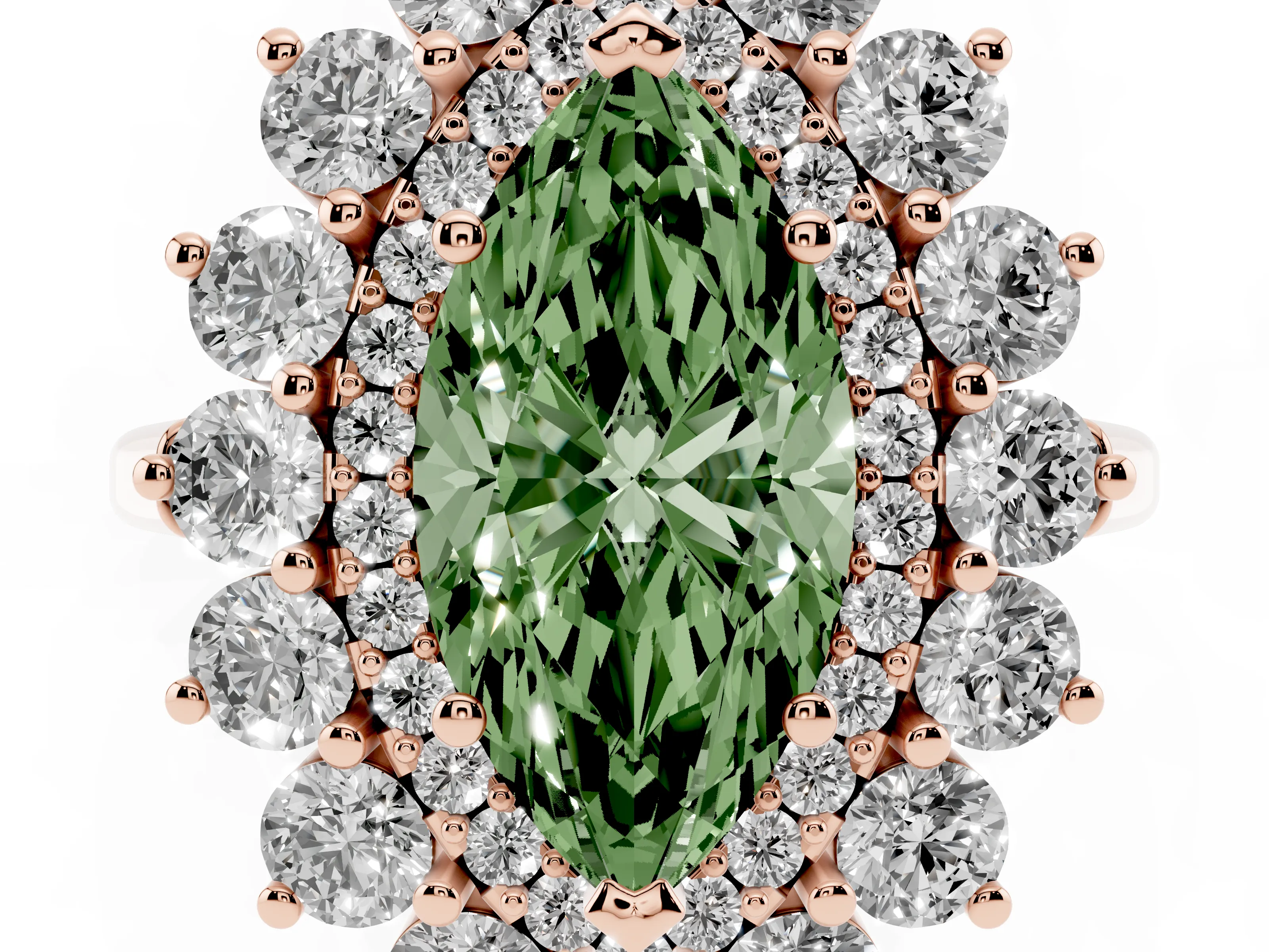 Fancy Green Marquise Cut Diamond Floral Double Halo Ring Set in Rose gold with Round Petals
