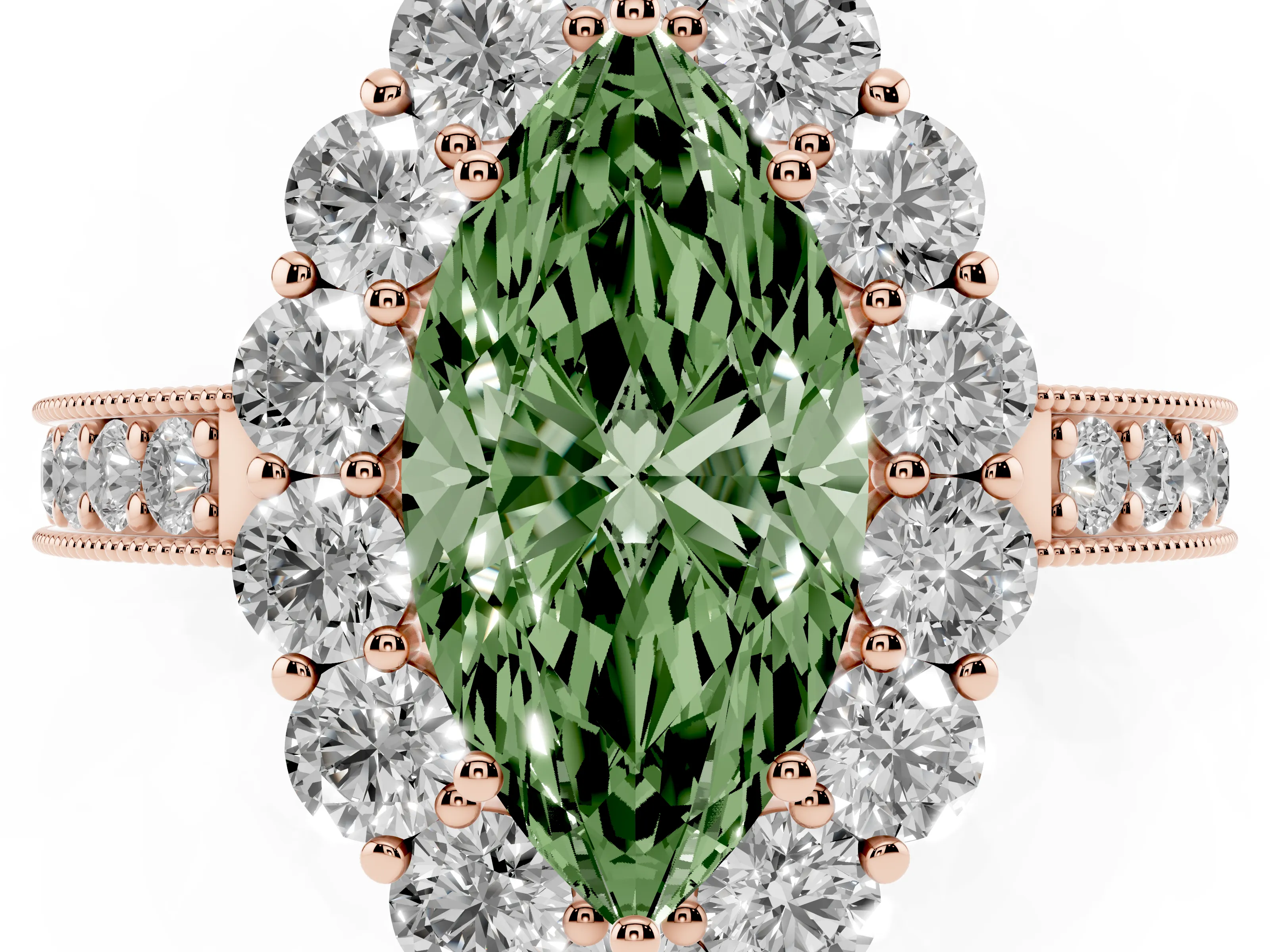 Fancy Green Marquise Cut Diamond Halo Pavé Engagement Ring Set in Rose gold with Milgrain Detailing