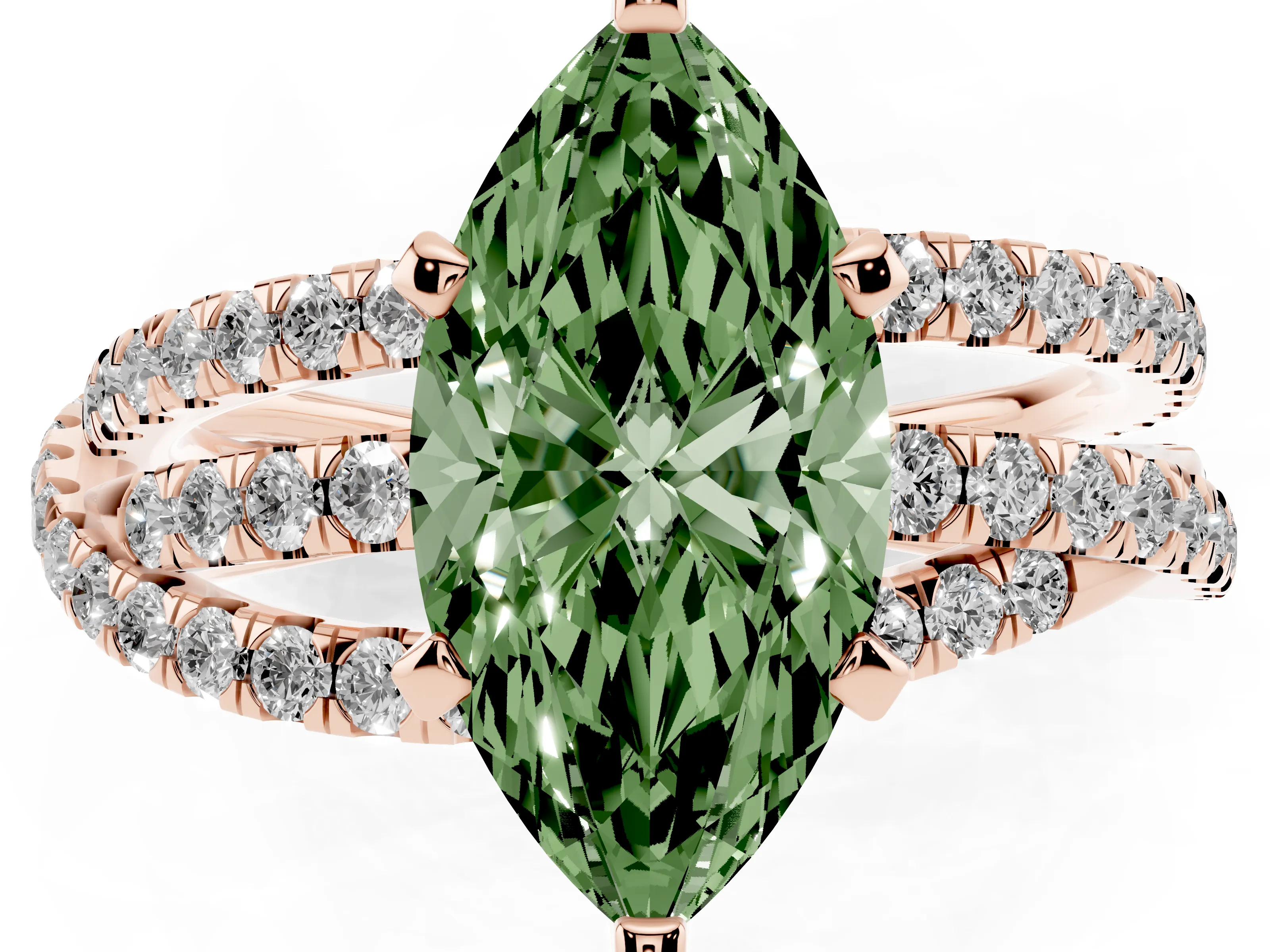 Fancy Green Marquise Cut Diamond Solitaire Twist Band Ring Set in Rose gold with Pavé Setting and Prong Head