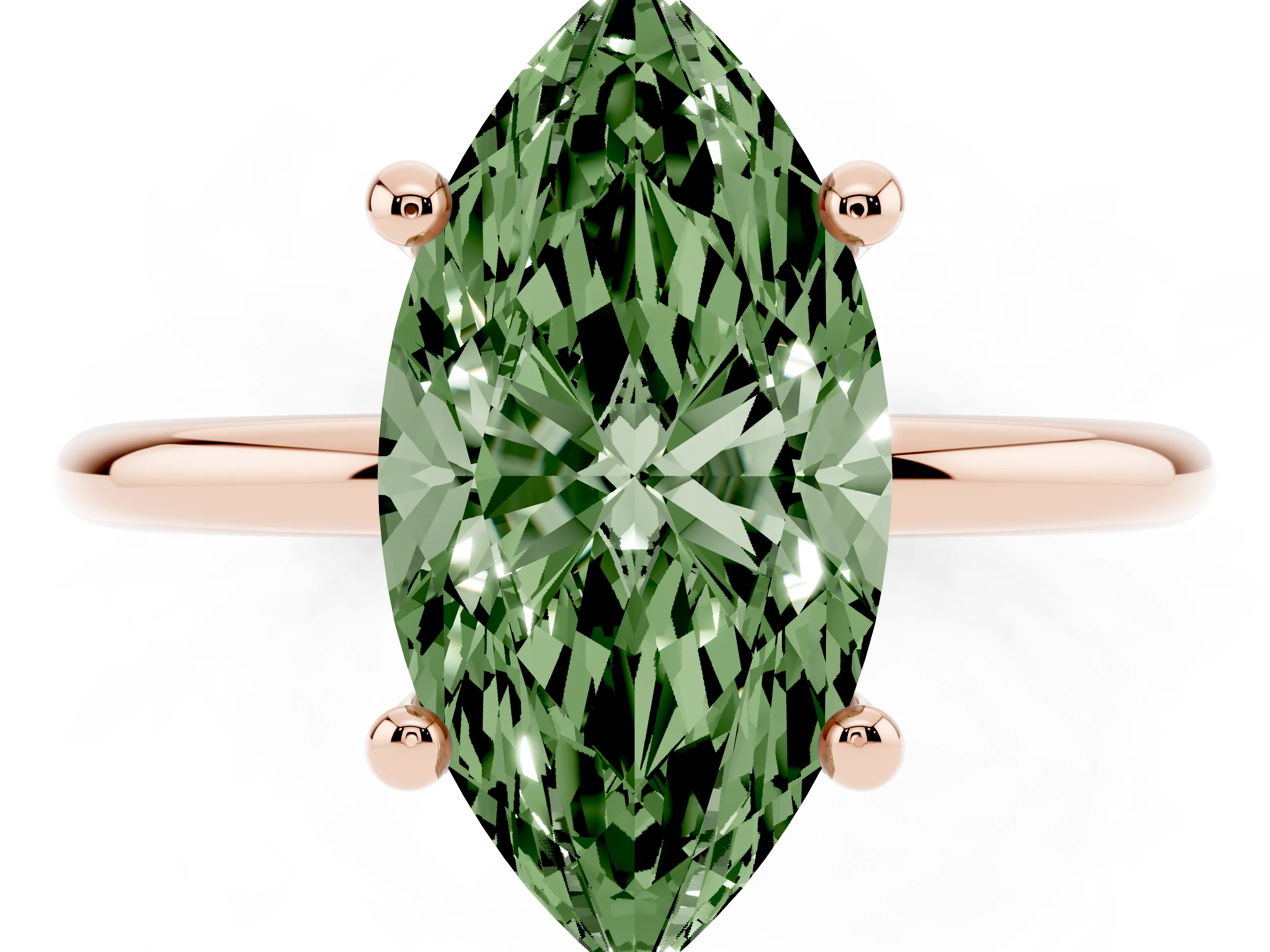 Fancy Green Marquise Cut Diamond Solitaire Ring Set in Rose gold with Secure Prong Setting on a Classic Band