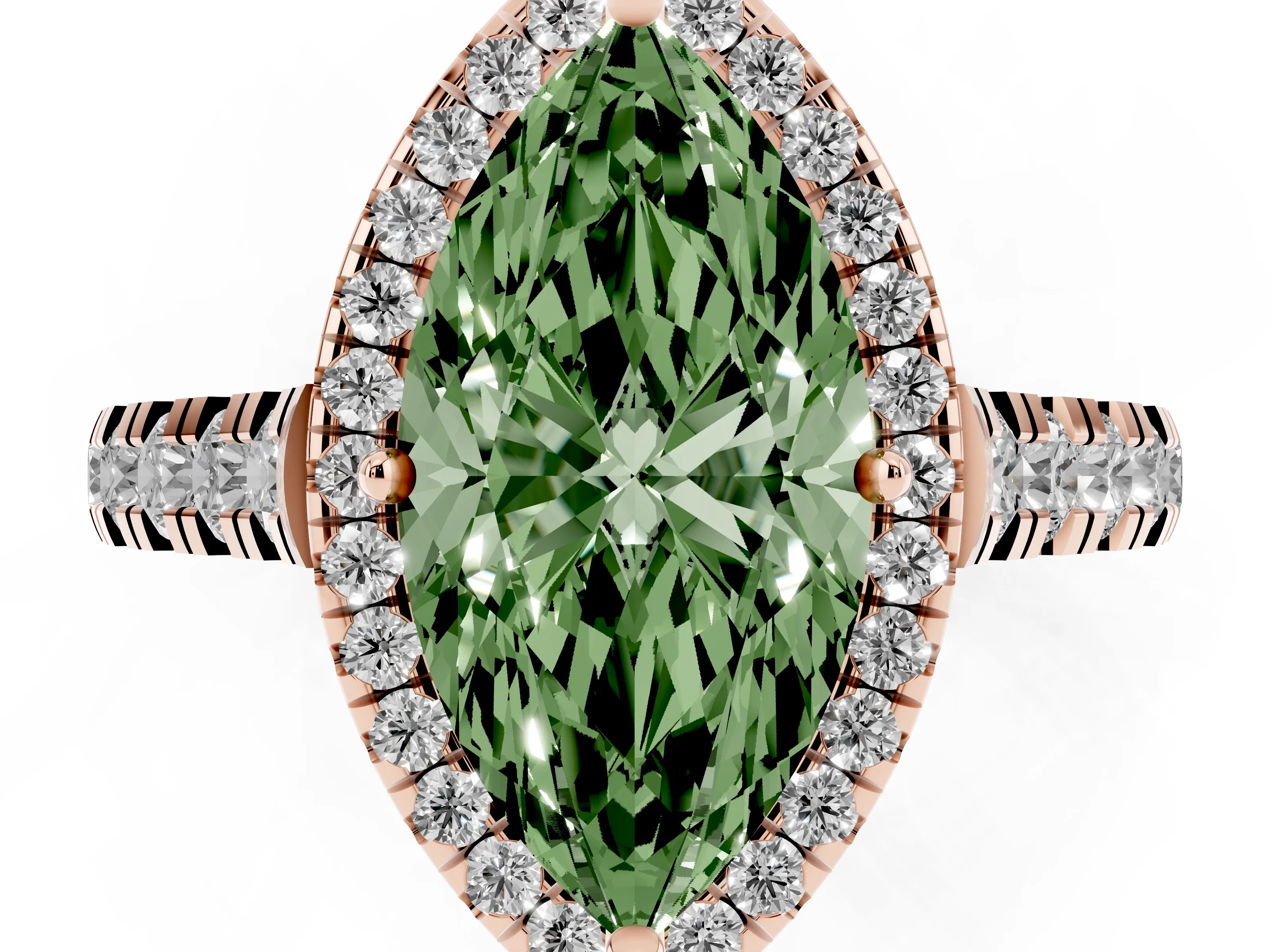 Fancy Green Marquise Cut Diamond Halo Engagement Ring Set in Rose gold with Pavé Band and Prong-Set Center