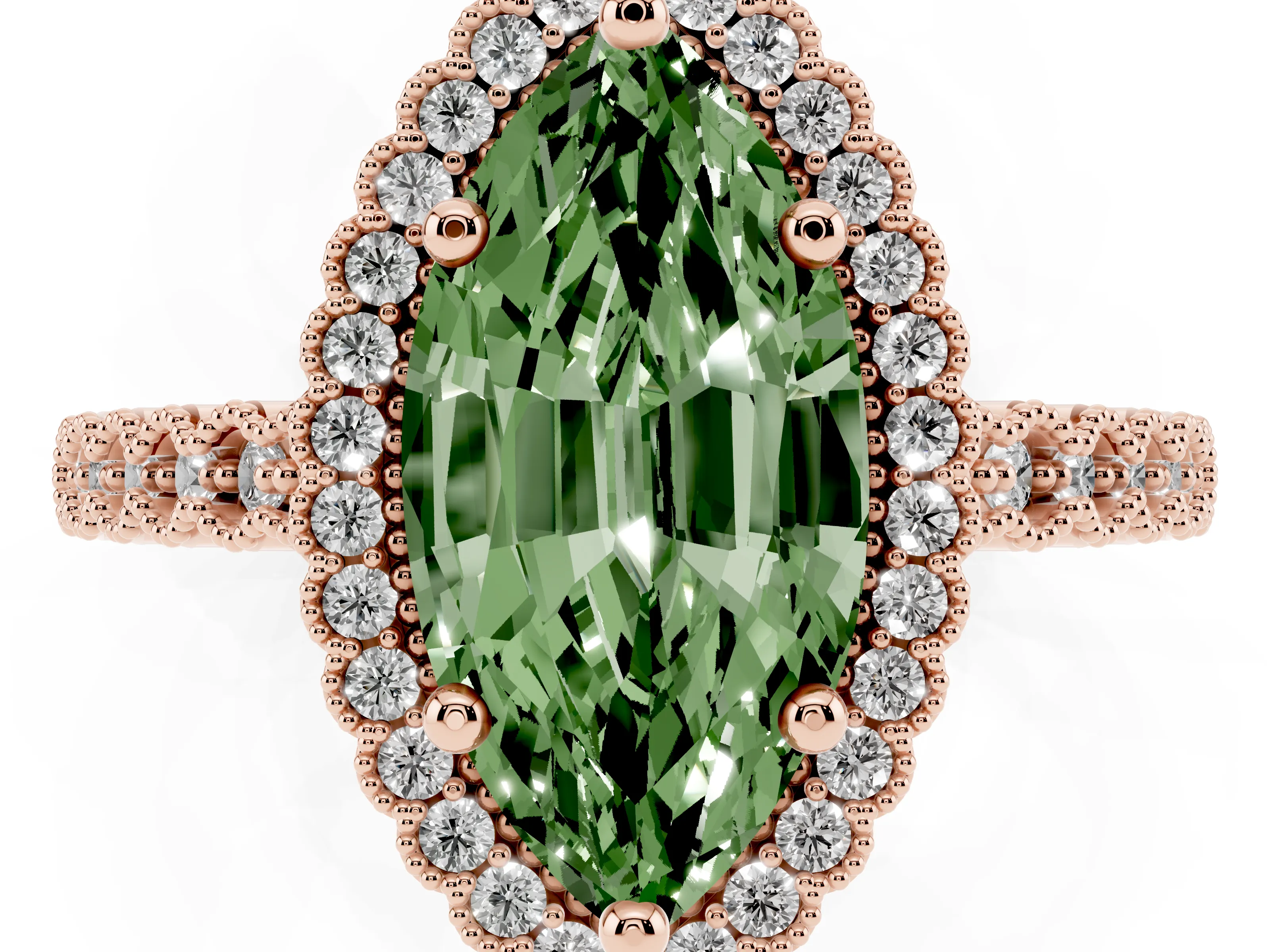 Fancy Green Marquise Cut Diamond Halo Ring Set in Rose gold with Pavé Milgrain Band