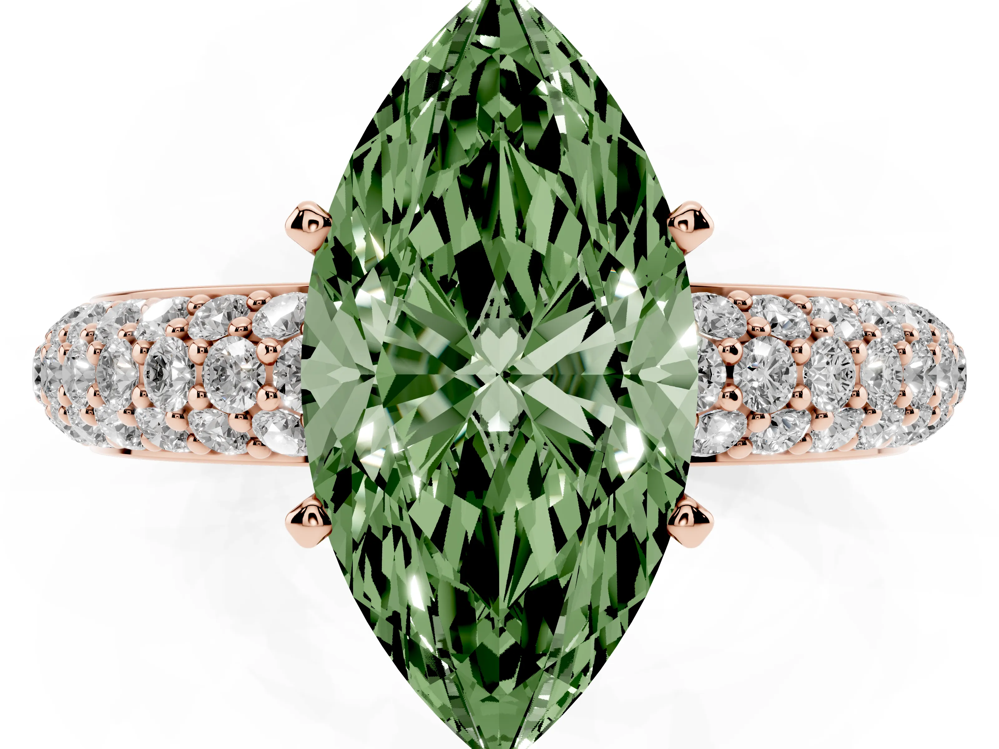 Fancy Green Marquise Cut Diamond Solitaire Ring Set in Rose gold with Prong Setting and Pavé-Set Band