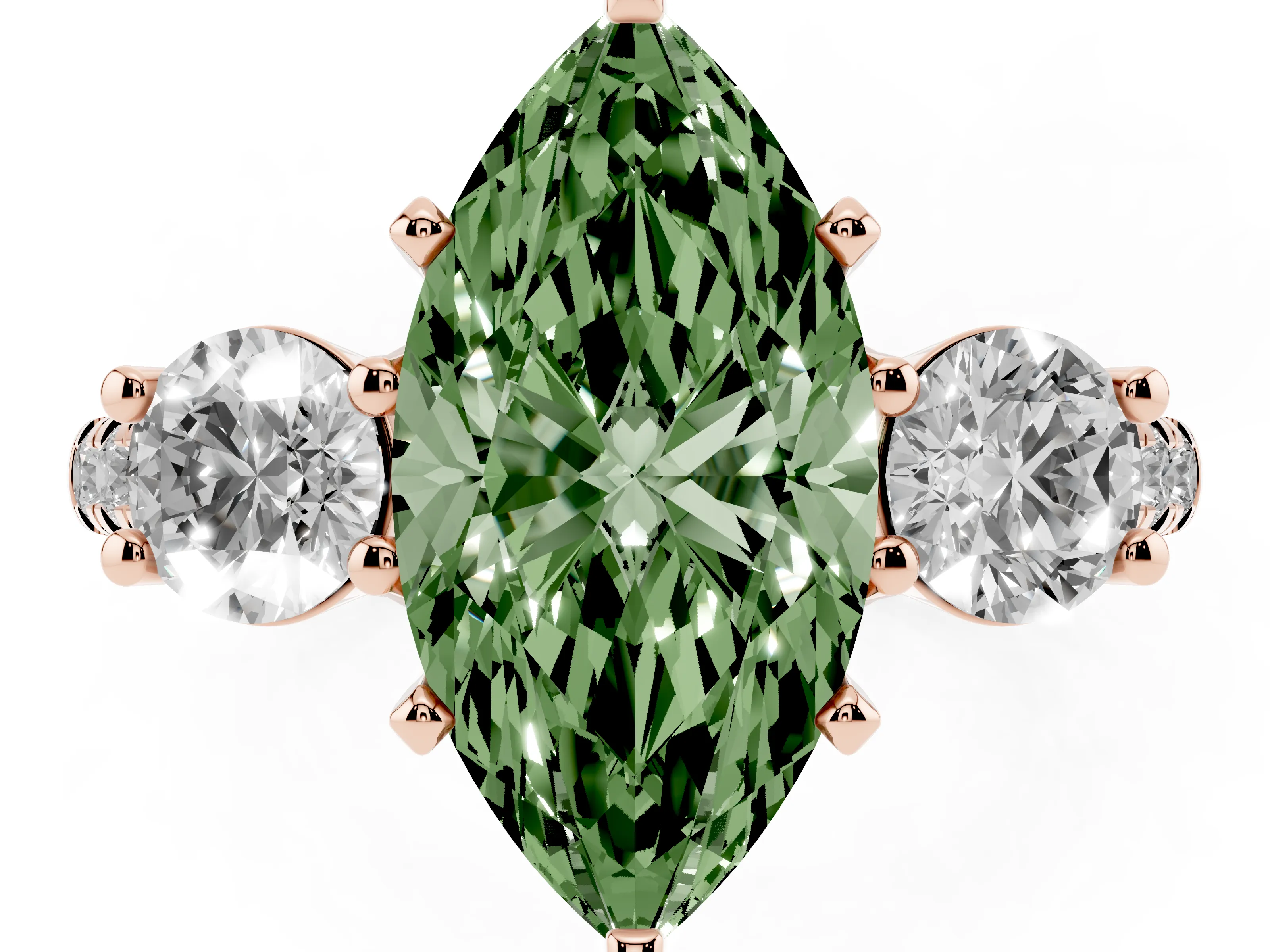 Fancy Green Three-Stone Marquise Cut Diamond Pavé Band Ring Set in Rose gold with Prong-Set Trio