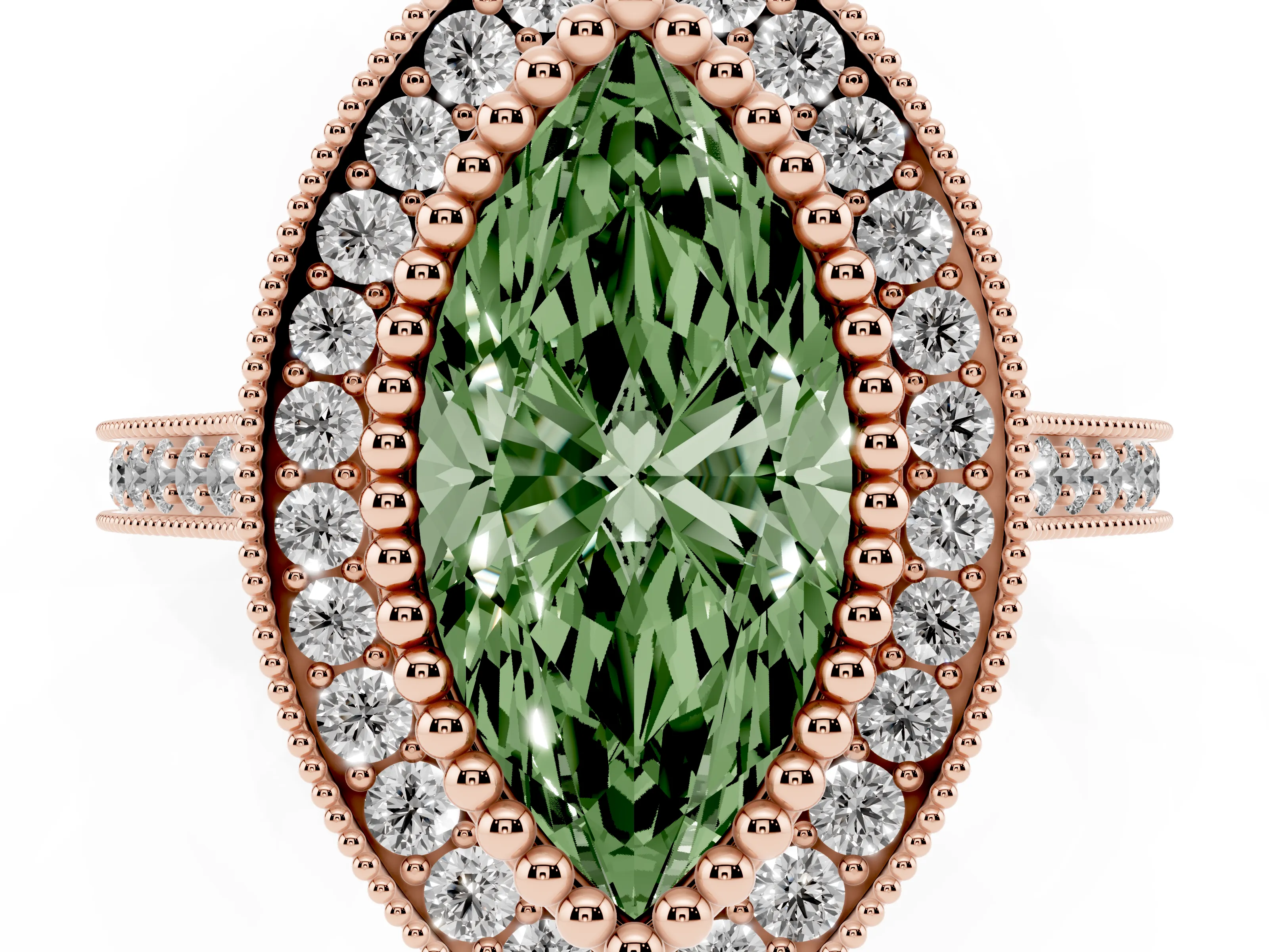Fancy Green Marquise Cut Diamond Halo Ring Set in Rose gold with Milgrain Frame and Pavé Band