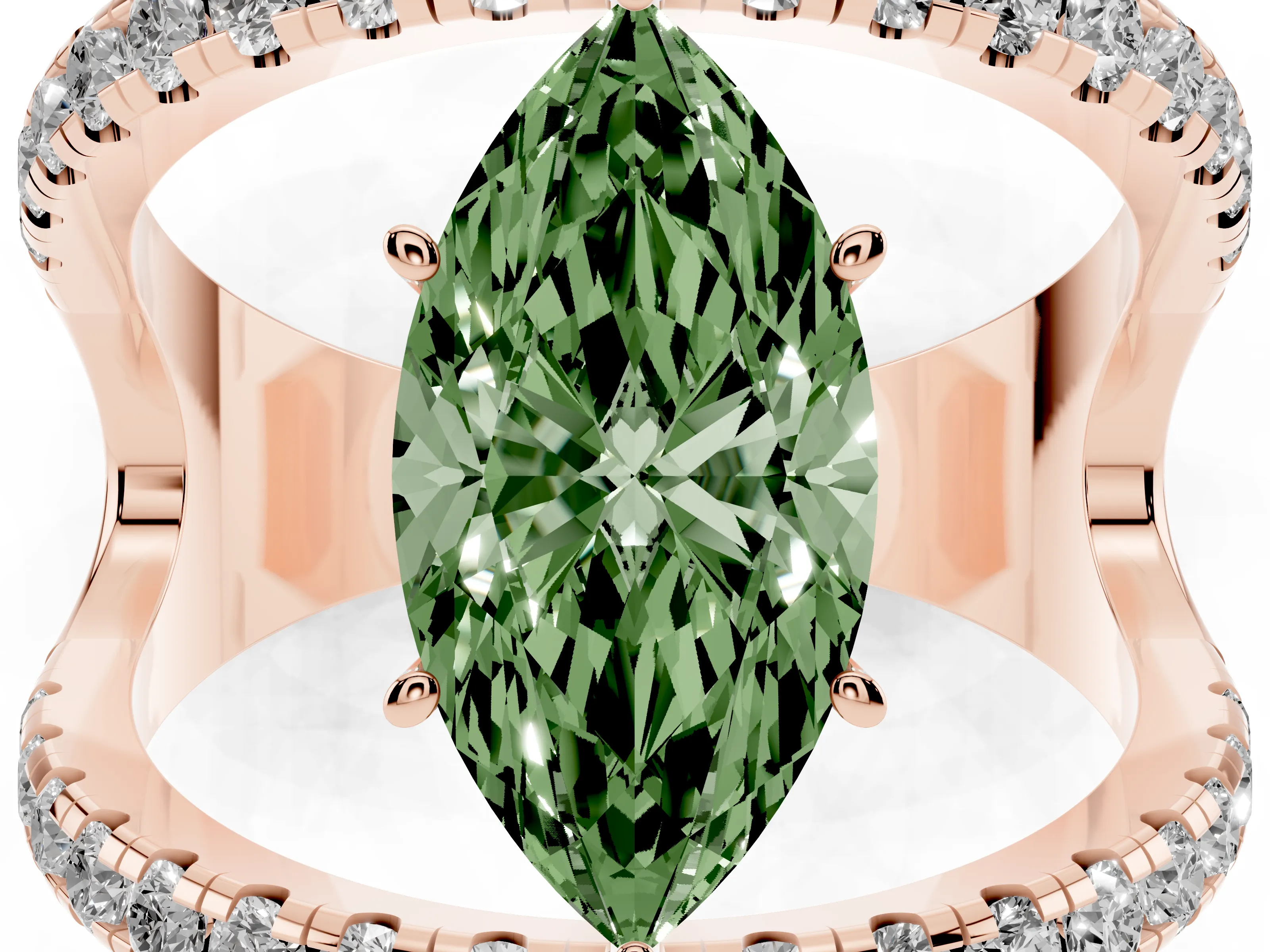 Fancy Green Marquise Cut Diamond Split Shank Pavé Solitaire Ring Set in Rose gold with Open Shank Design
