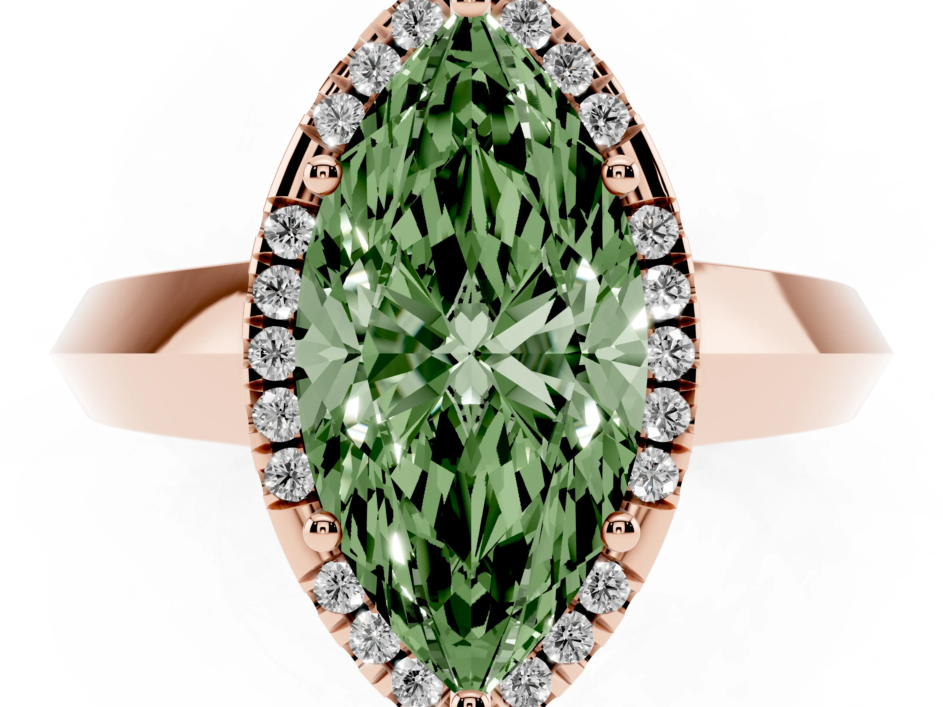 Fancy Green Marquise Cut Diamond Halo Ring Set in Rose gold with Cathedral Band and Prong Setting