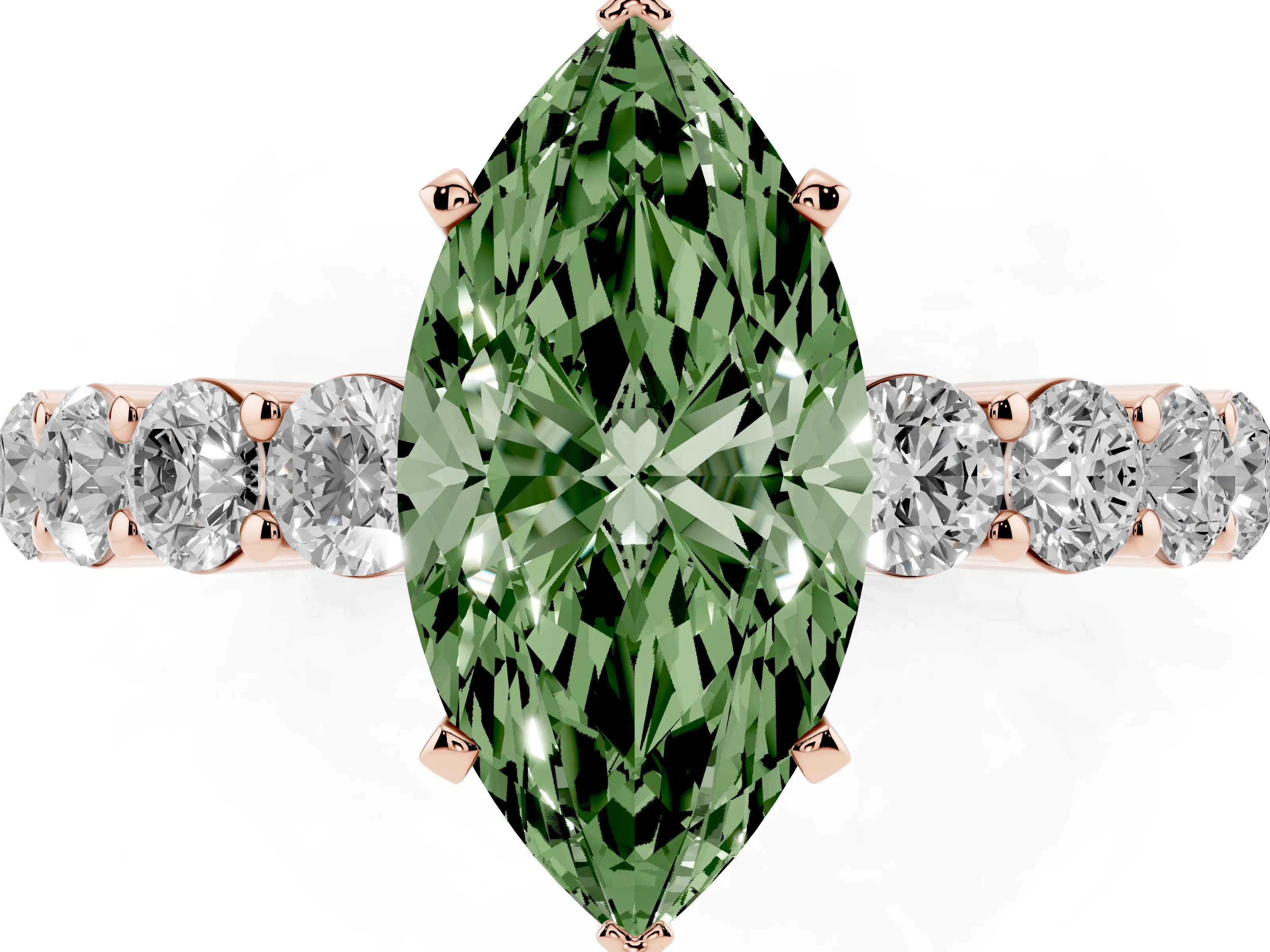Fancy Green Marquise Cut Diamond Solitaire Ring Set in Rose gold with Shared Prong Round Side Stones