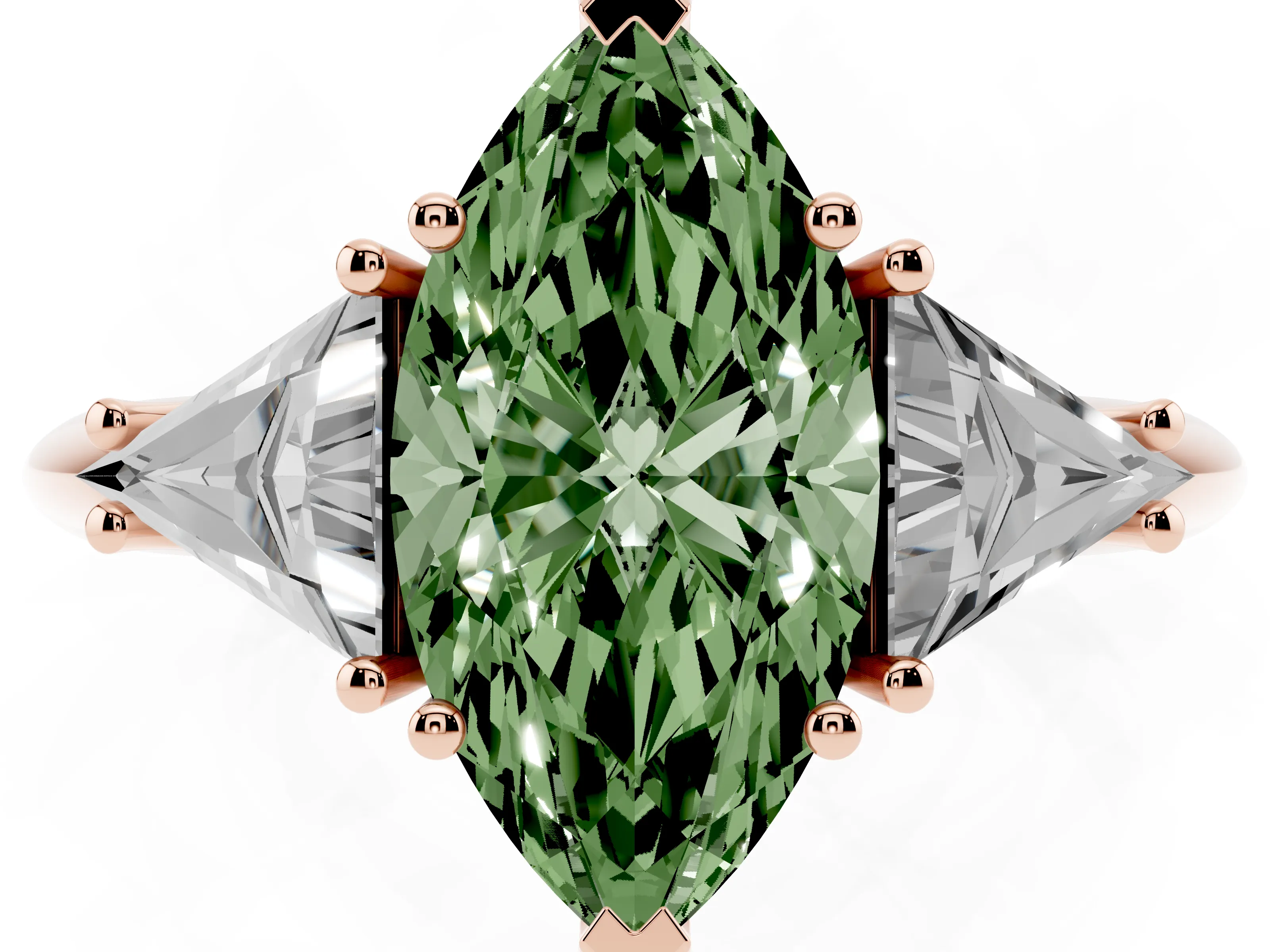 Fancy Green Marquise Cut Diamond Three-Stone Engagement Ring Set in Rose gold with Trillion Side Stones