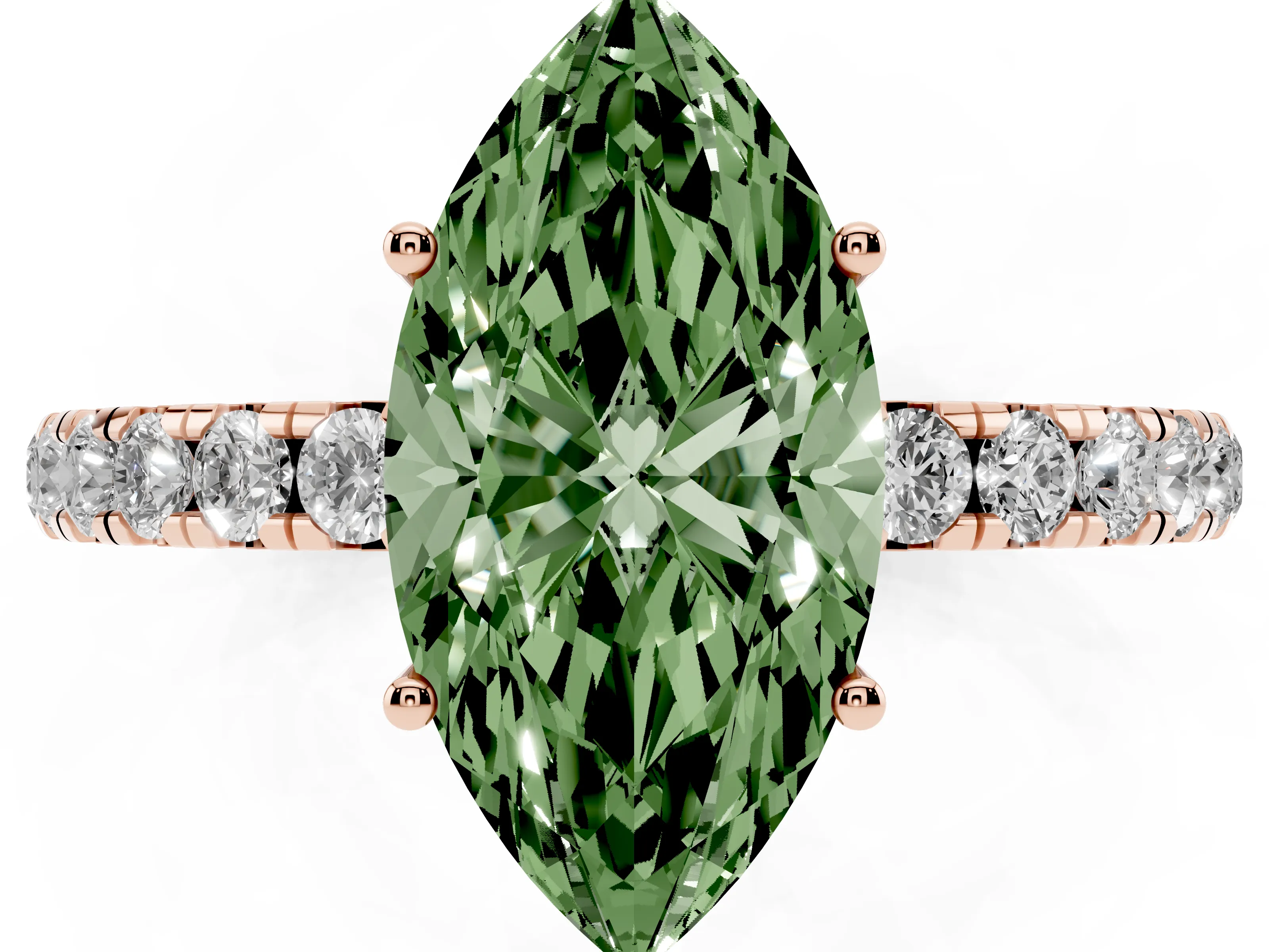 Fancy Green Marquise Cut Diamond Pavé Solitaire Engagement Ring Set in Rose gold with Prong Setting