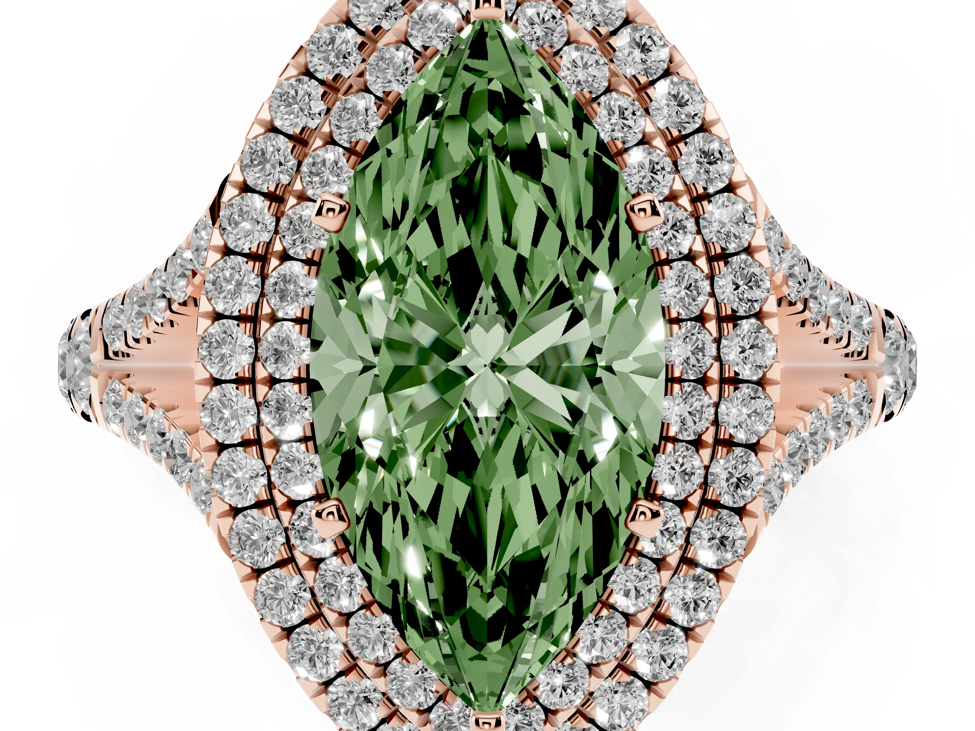 Fancy Green Marquise Cut Diamond Pavé Split Shank Double Halo Engagement Ring Set in Rose gold