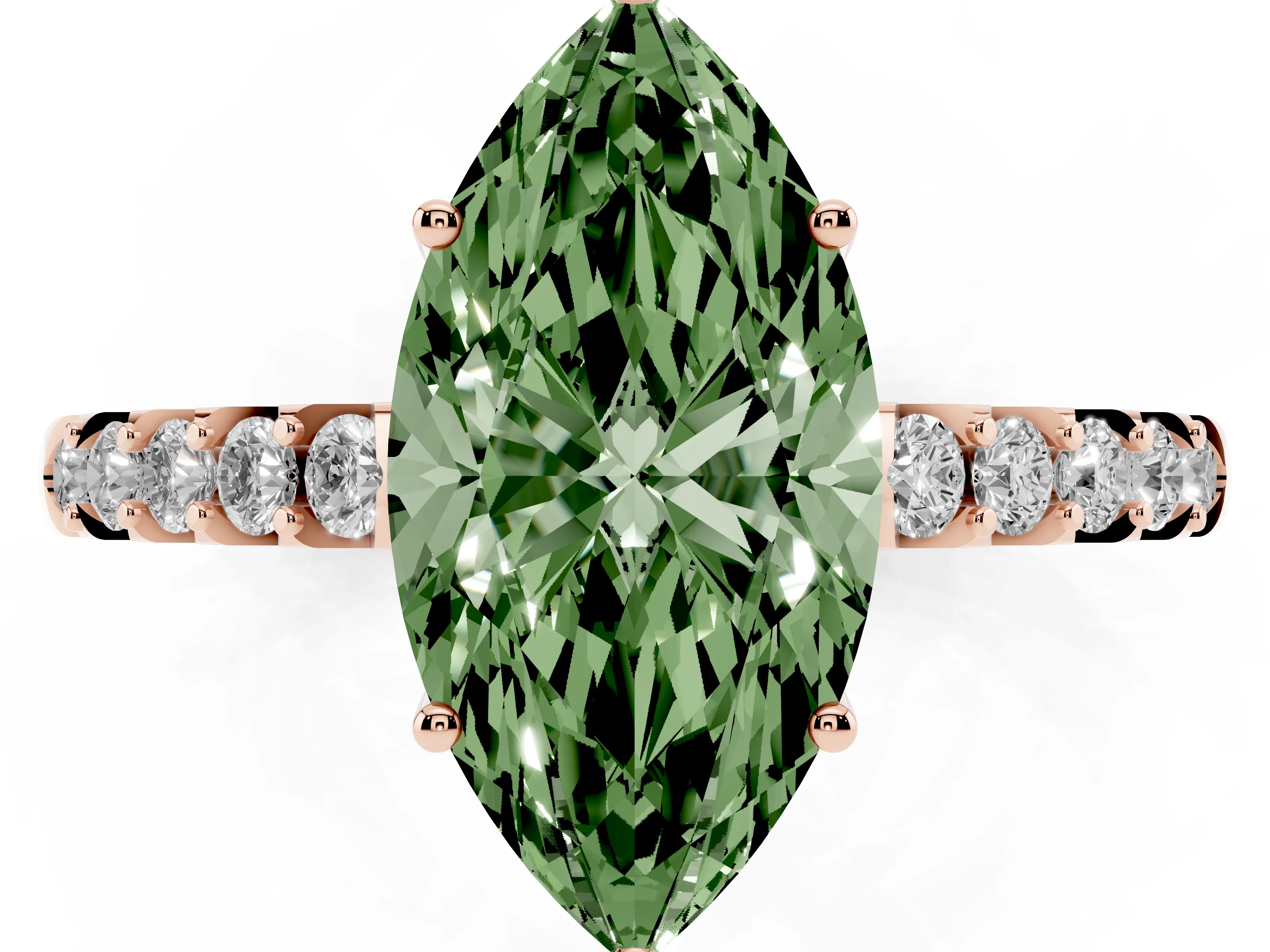 Fancy Green Marquise Cut Diamond Solitaire Engagement Ring Set in Rose gold with Pavé Band and Prong Setting