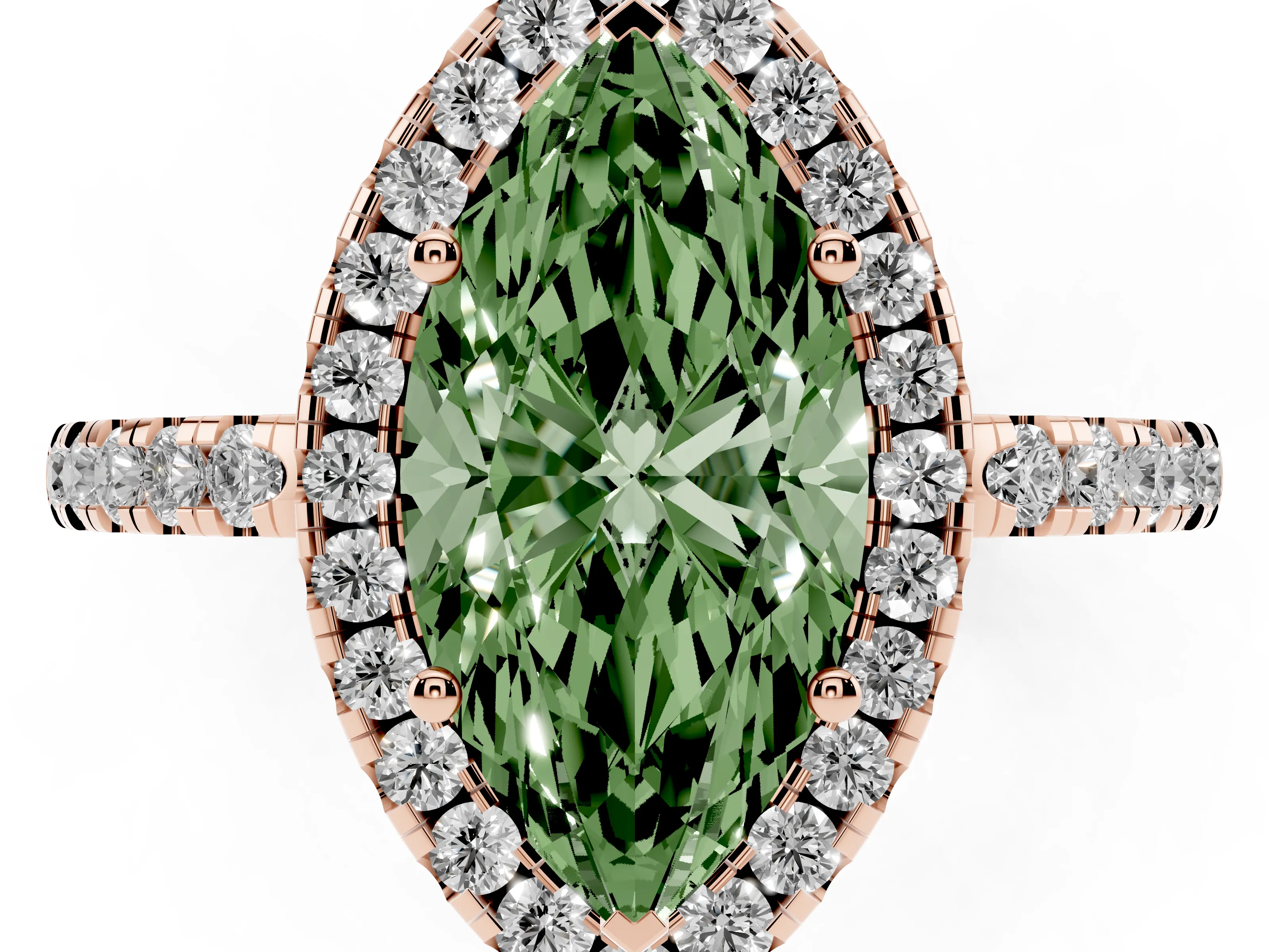 Fancy Green Marquise Cut Diamond Pavé Band Halo Engagement Ring Set in Rose gold with Prong Setting