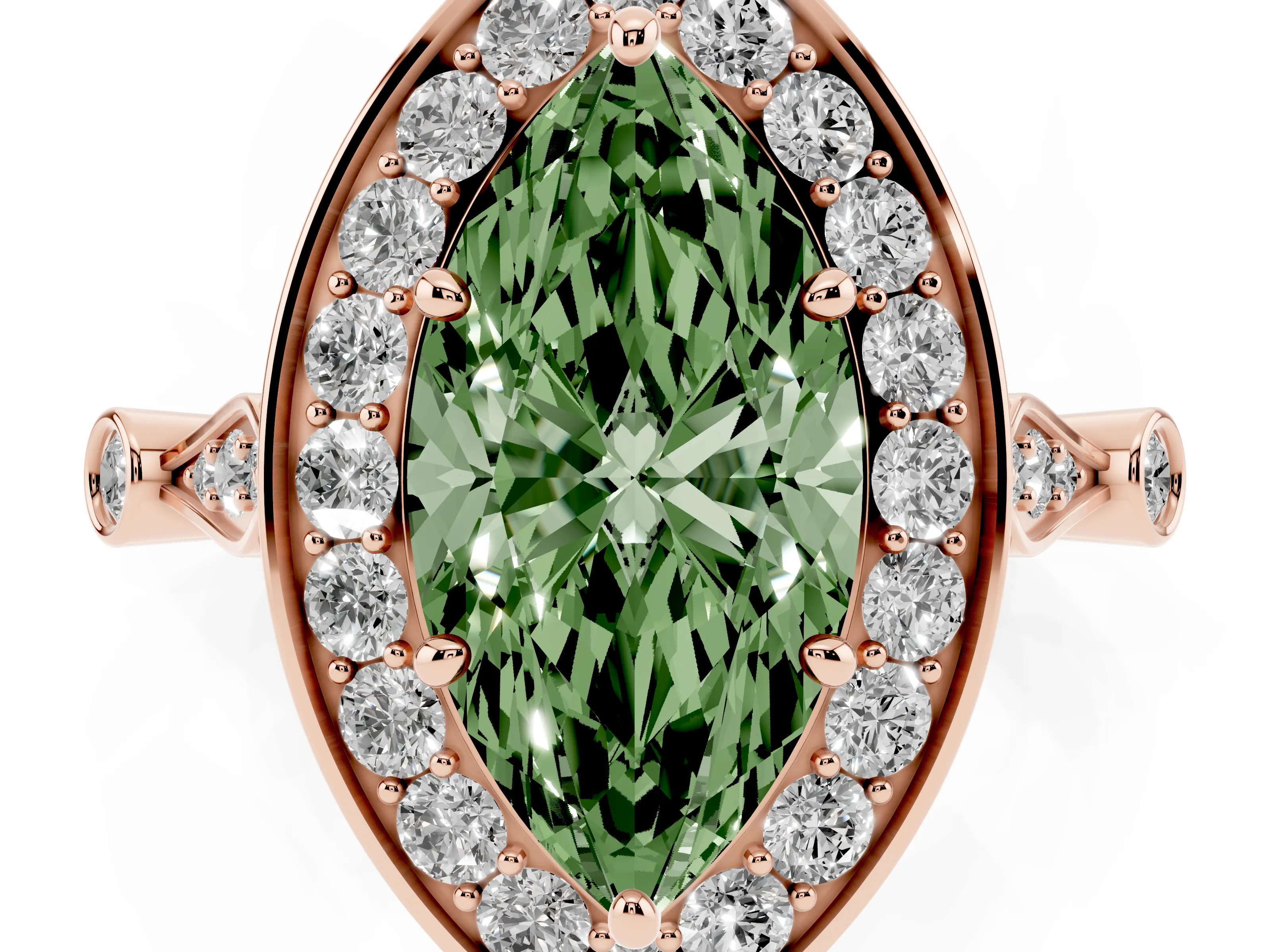Fancy Green Marquise Cut Diamond Halo Engagement Ring Set in Rose gold with Twisted Band and Prong Setting