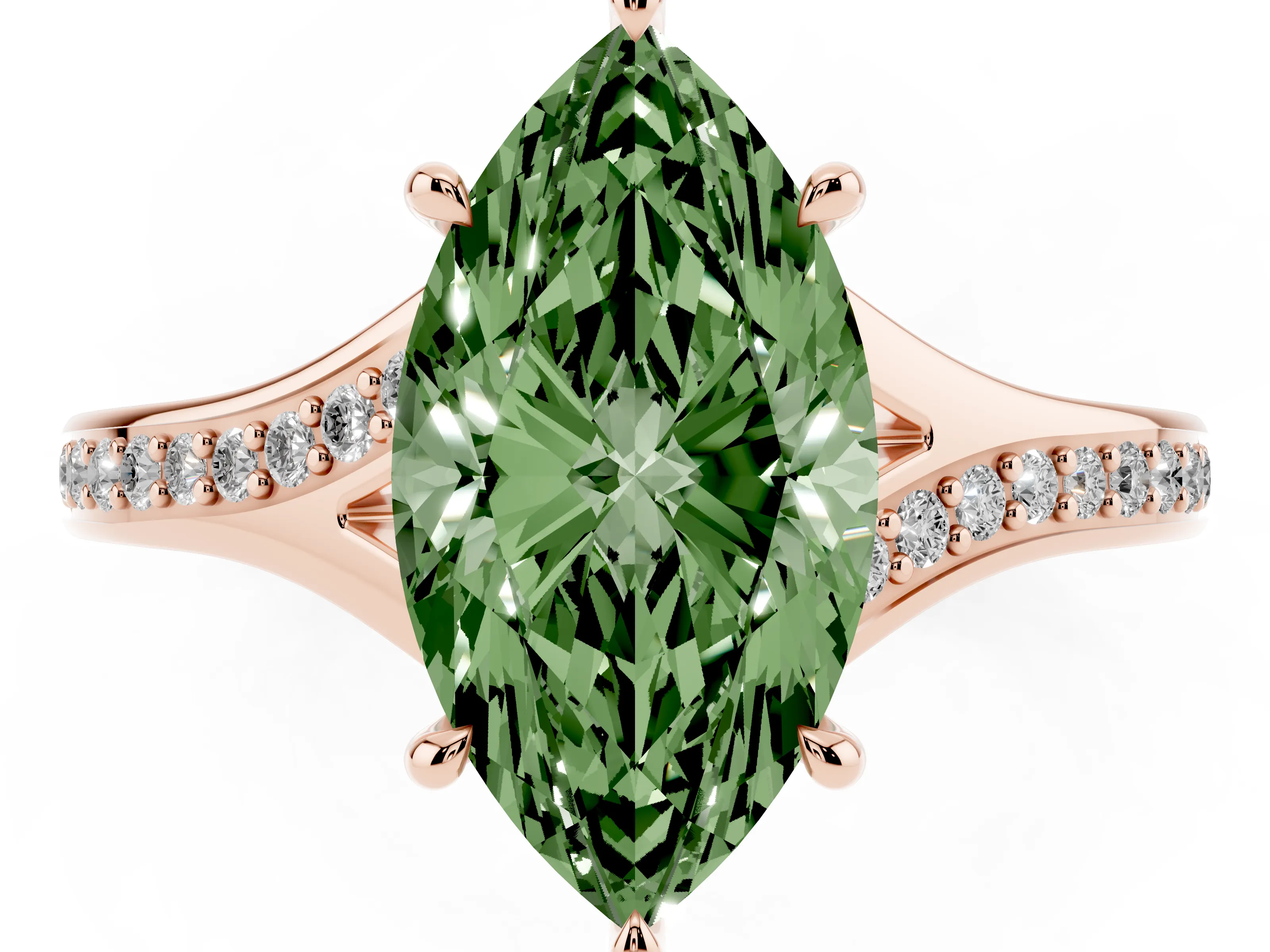 Fancy Green Marquise Cut Diamond Solitaire Ring Set in Rose gold with Pavé Accent Band and Classic Prong Setting