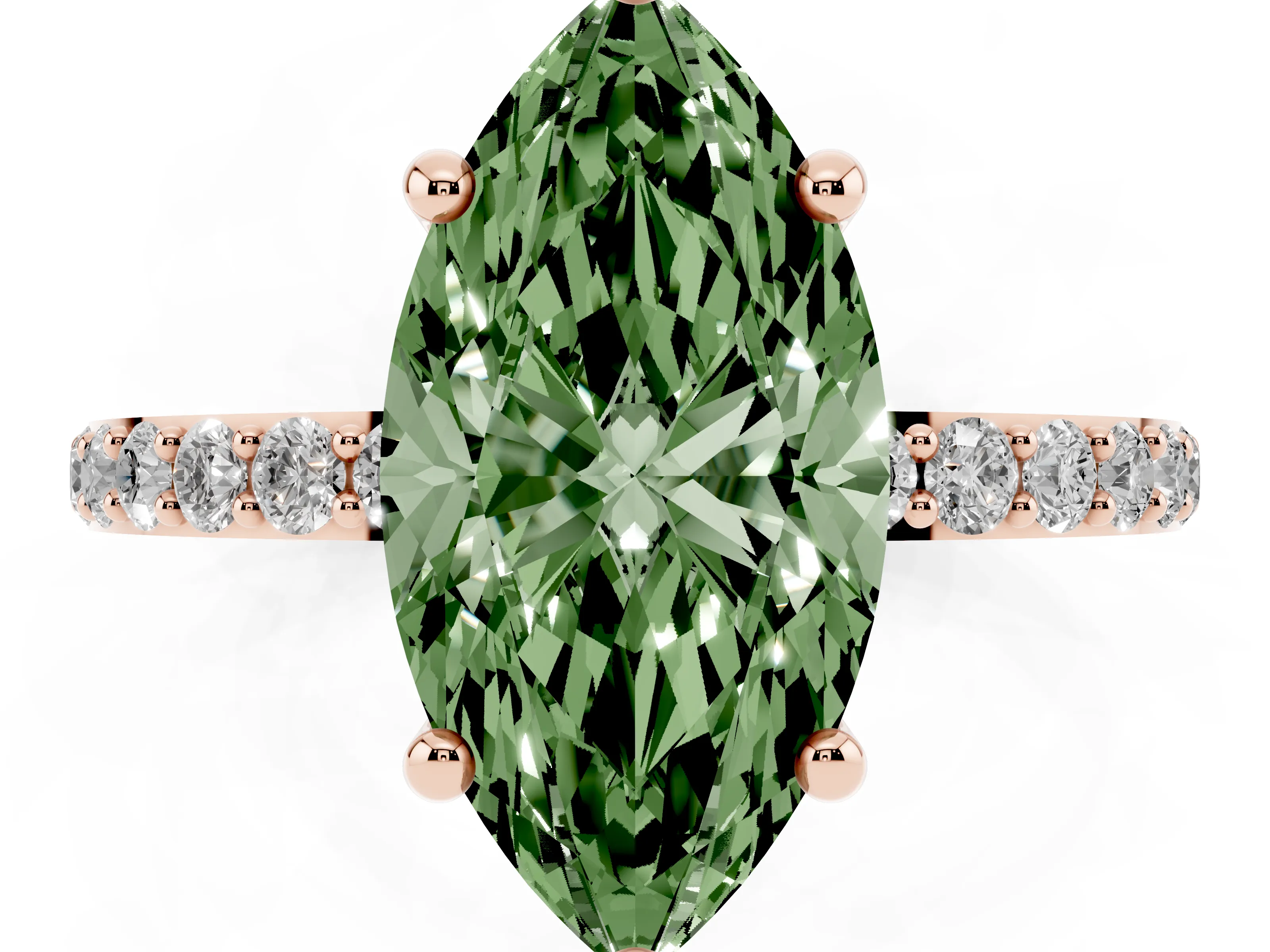 Fancy Green Marquise Cut Diamond Solitaire Ring Set in Rose gold with Round Pavé Band and Prong Setting