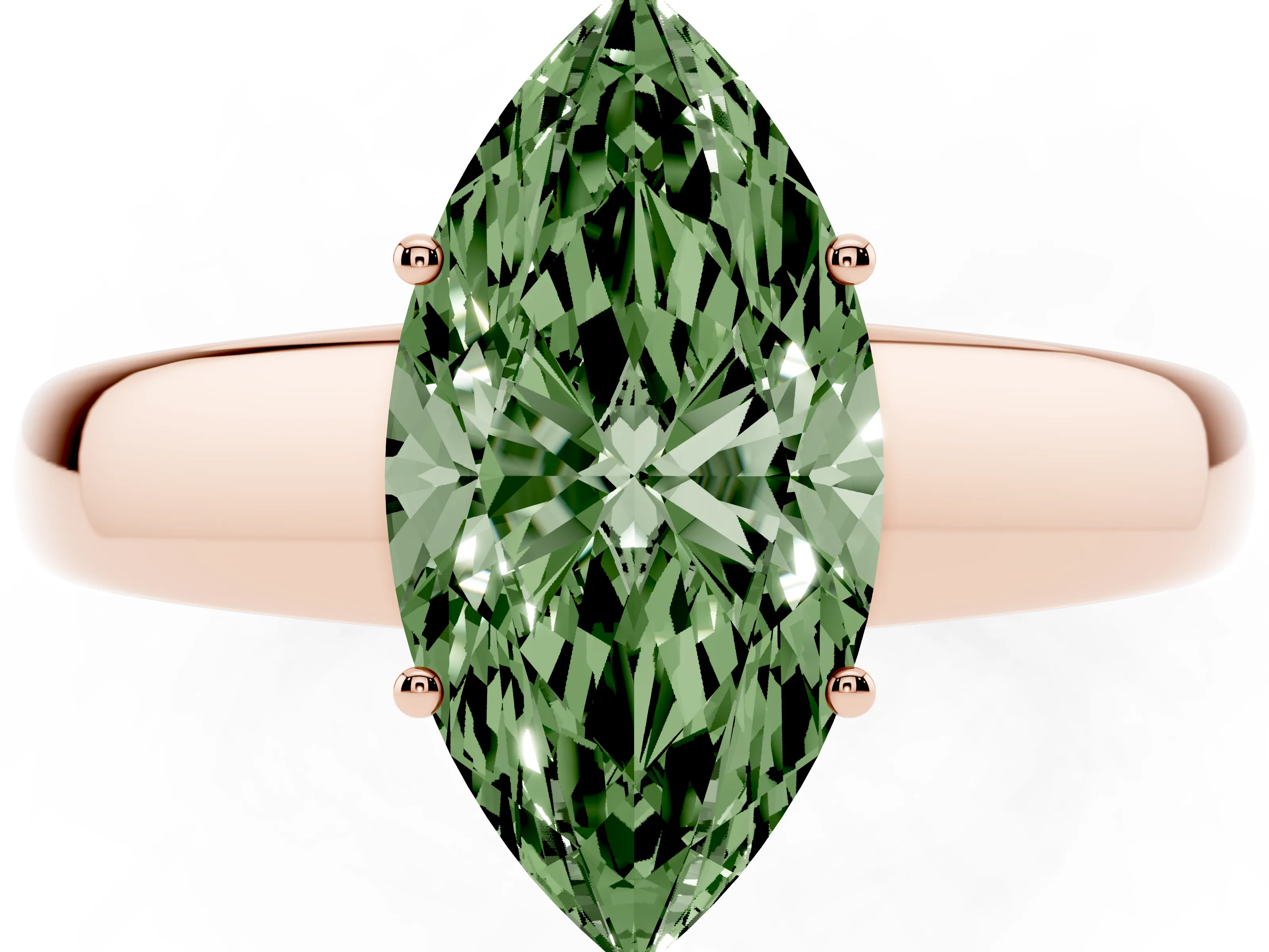 Fancy Green Marquise Cut Diamond Solitaire Ring Set in Rose gold with Tapered Band and Prong Setting
