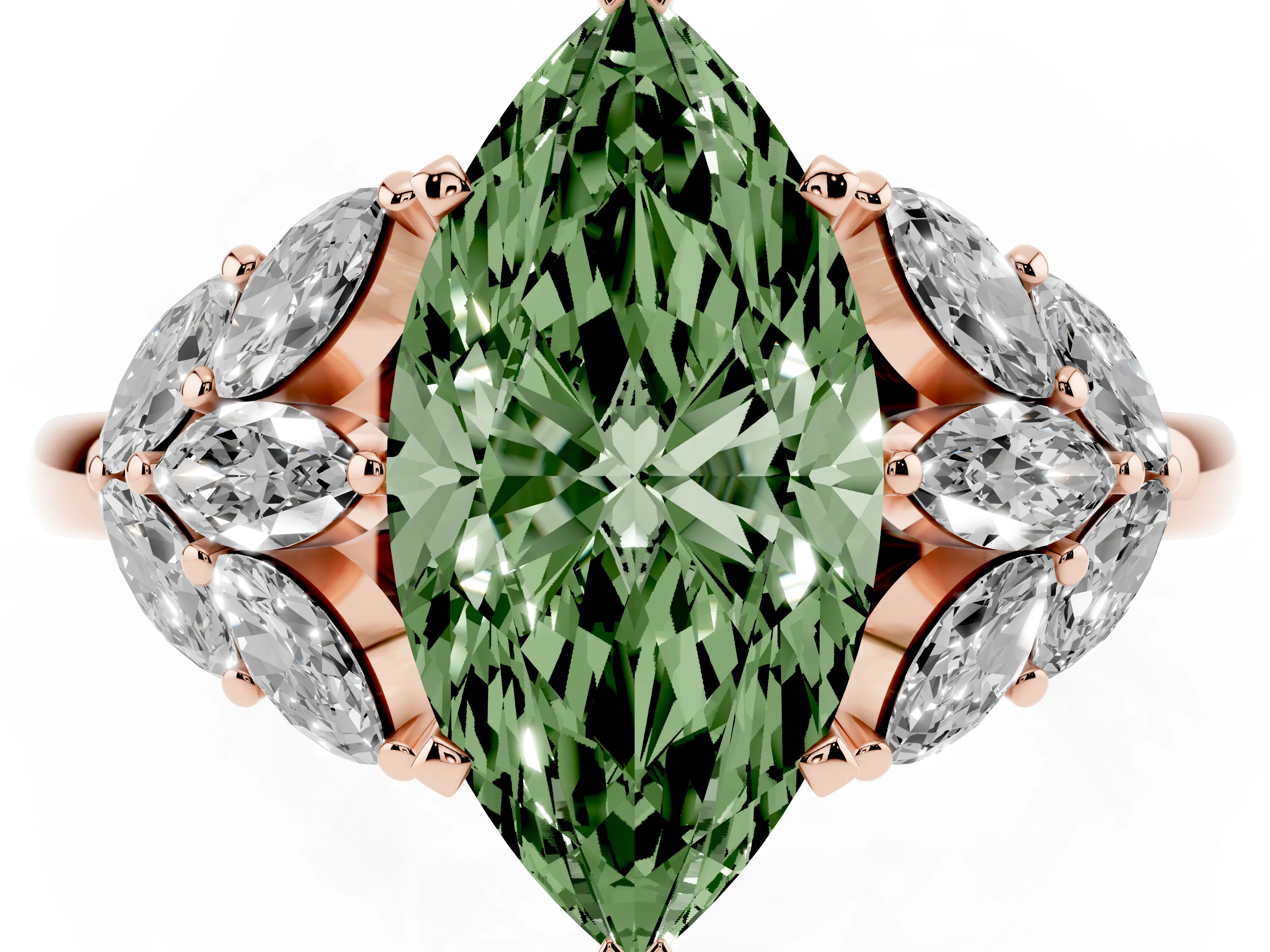 Fancy Green Marquise Cut Diamond Cluster Leaf Design Ring Set in Rose gold with Prong Setting