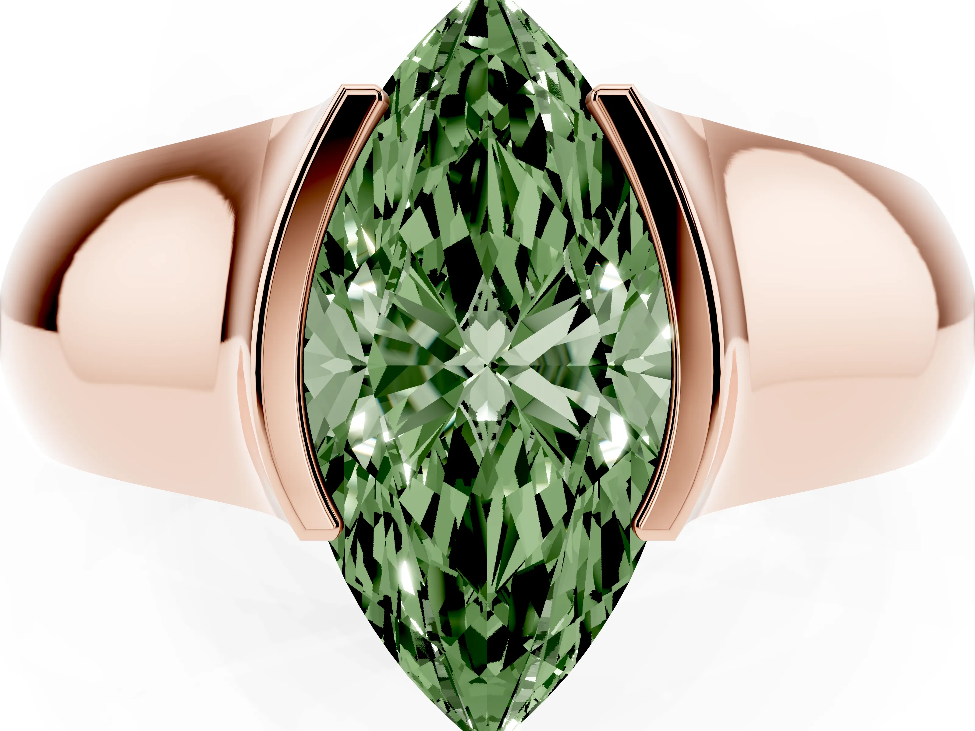 Fancy Green Marquise Cut Diamond Bezel Solitaire Ring Set in Rose gold with Wide Band