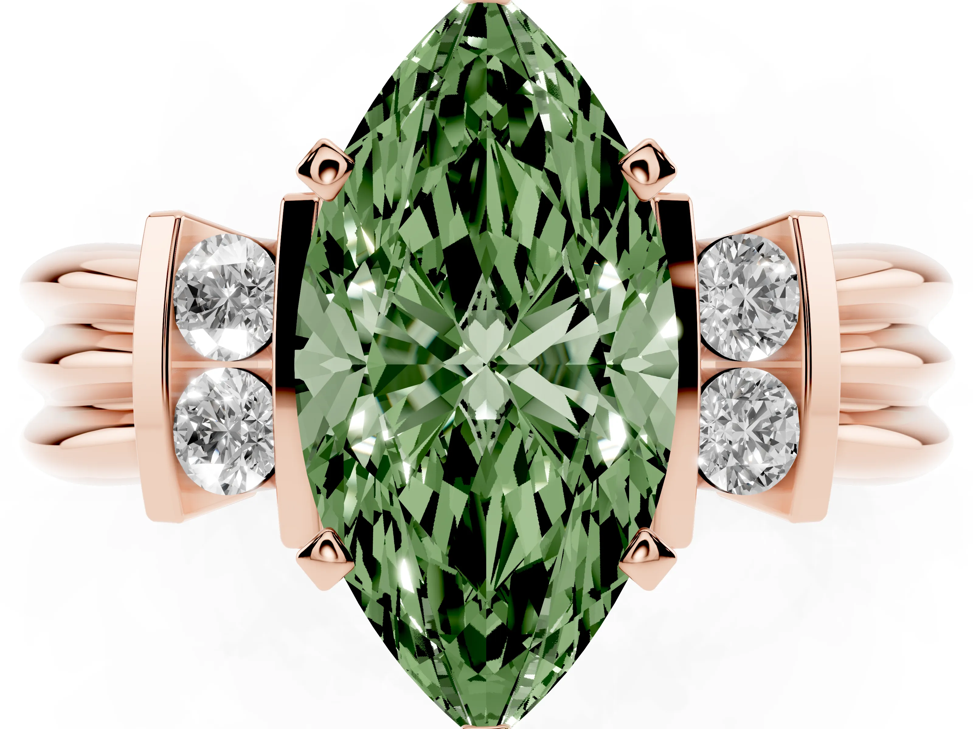 Fancy Green Three-Stone Marquise Cut Diamond Channel Set Ring Set in Rose gold with Bar Prongs