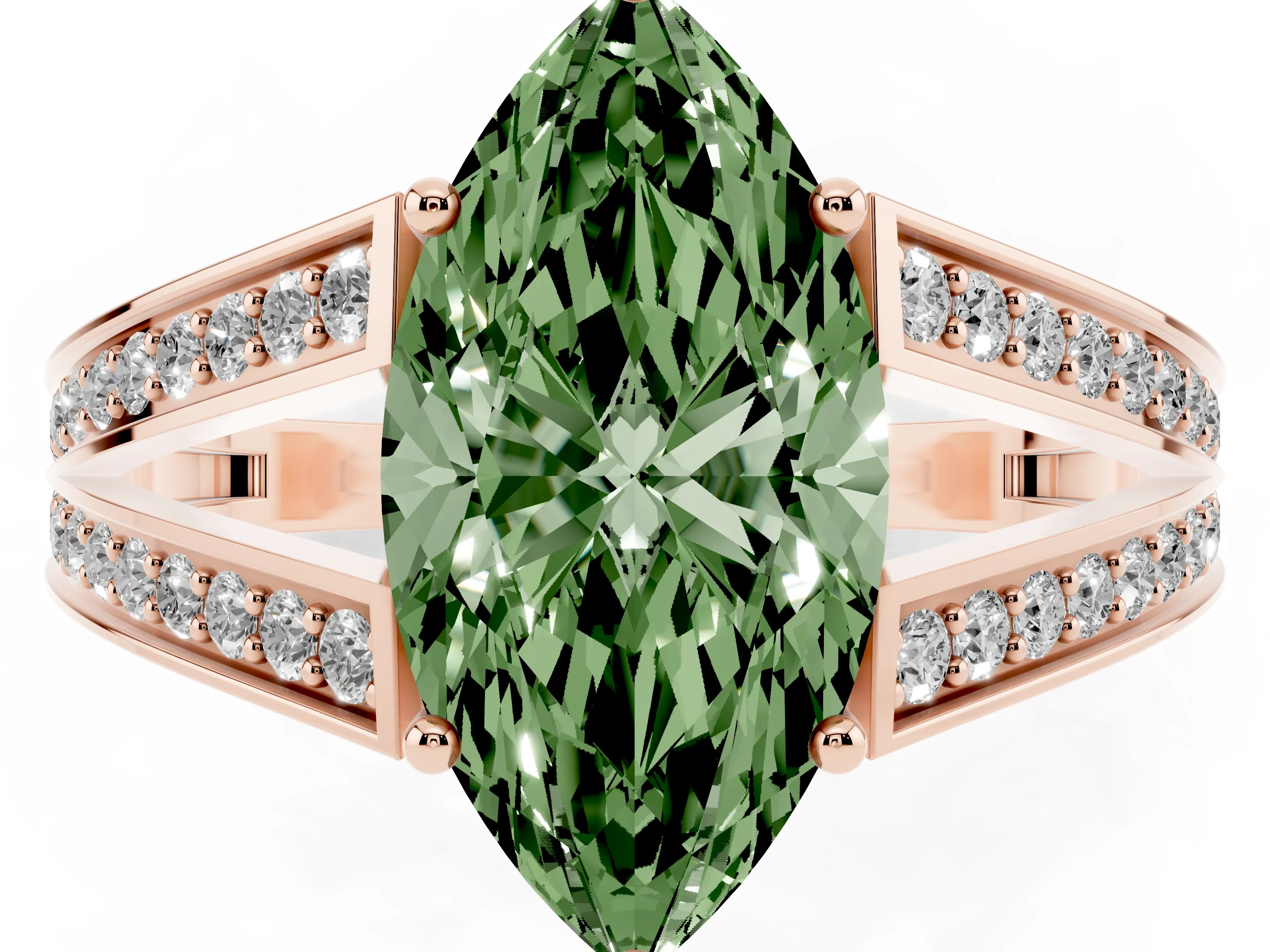 Fancy Green Marquise Cut Diamond Split Shank Ring Set in Rose gold with Pavé Band and Prong Setting