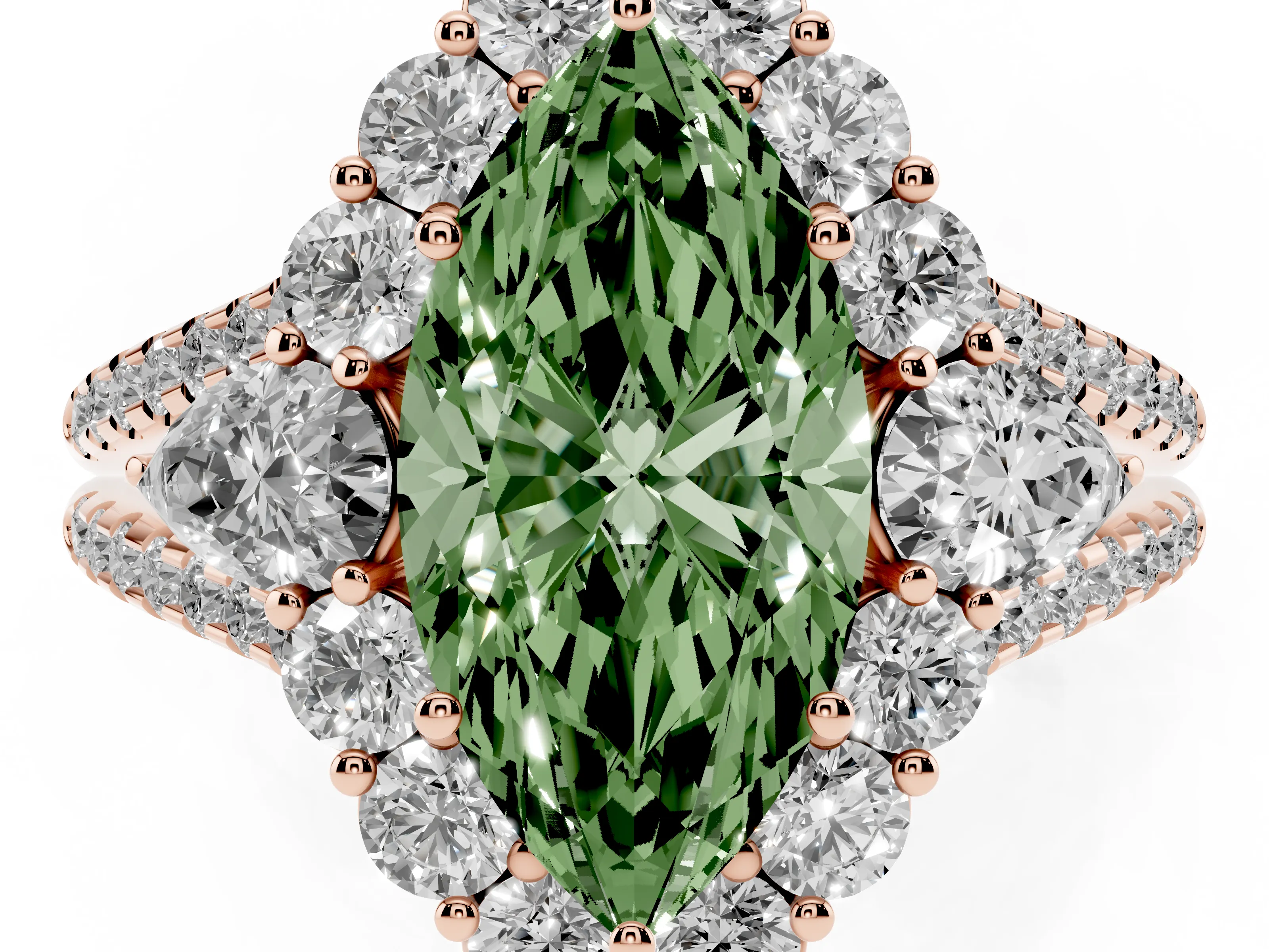 Fancy Green Marquise Cut Diamond Halo Split Shank Engagement Ring Set in Rose gold with Prong-Held Center Stone