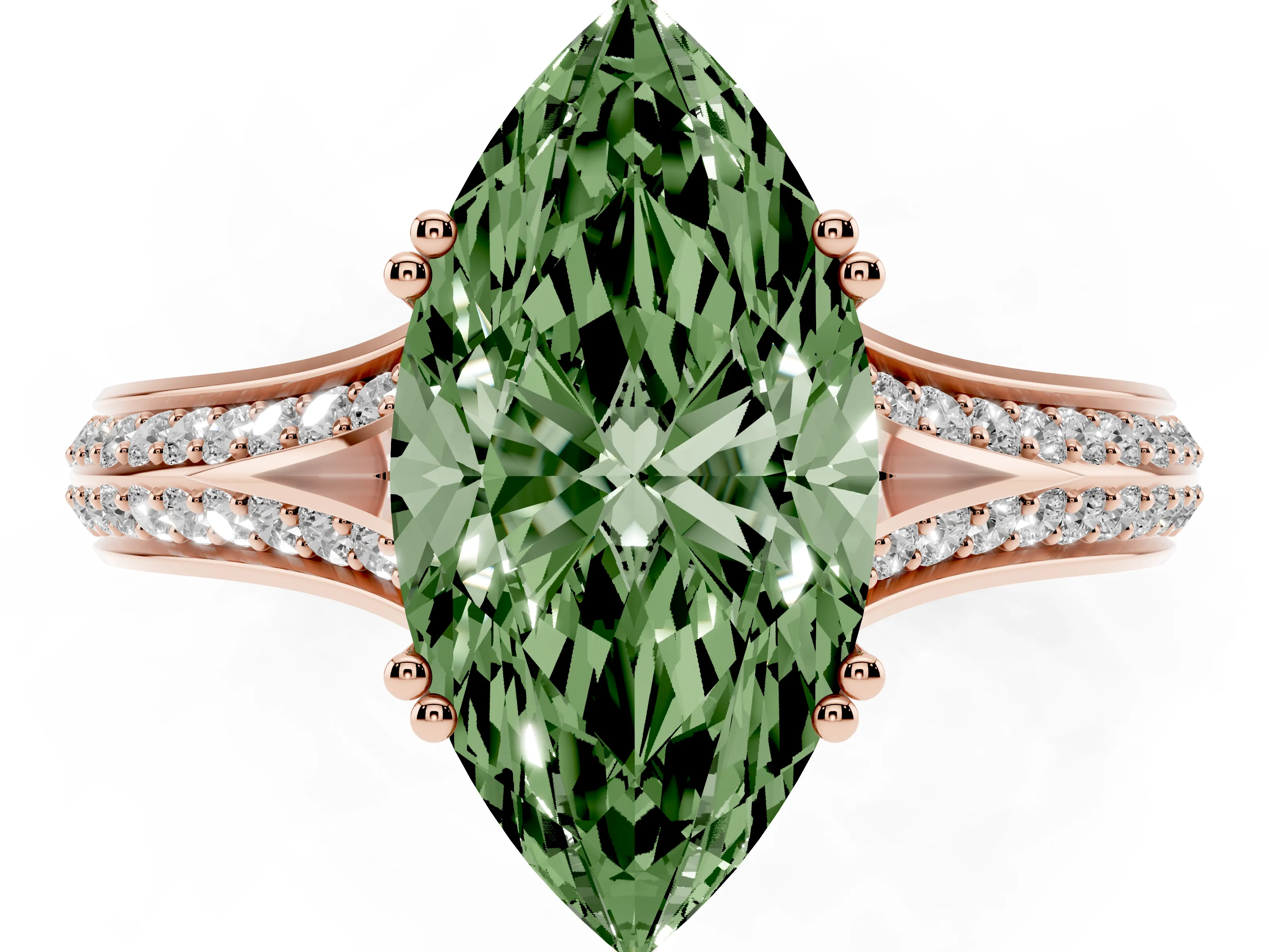 Fancy Green Marquise Cut Diamond Split Shank Pavé Engagement Ring Set in Rose gold with Prong-Set Center Stone