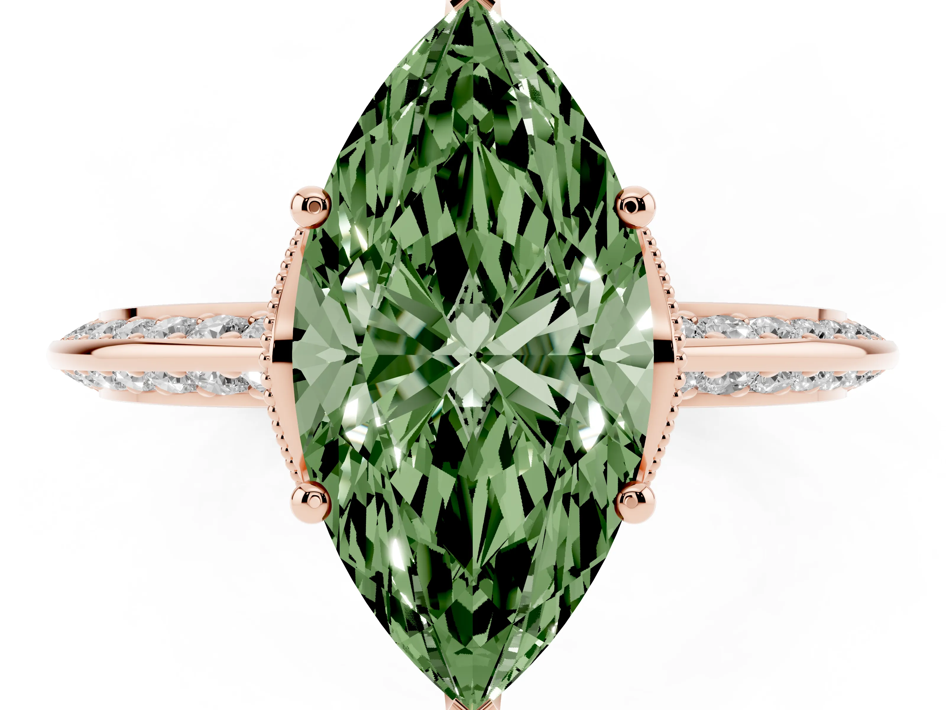 Fancy Green Marquise Cut Diamond Solitaire Engagement Ring Set in Rose gold with Pavé Split Shank and Prong Setting
