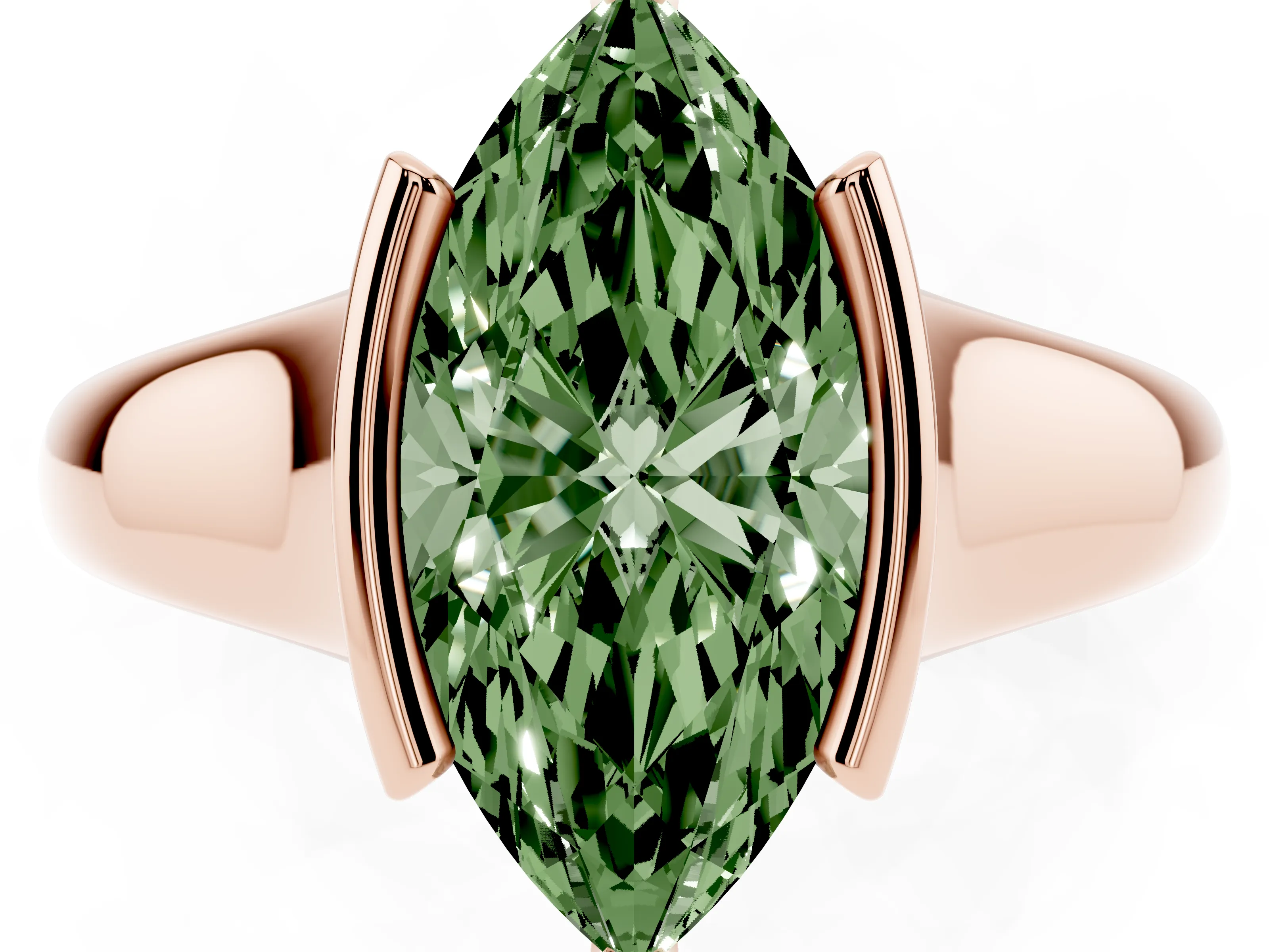 Fancy Green Marquise Cut Diamond Solitaire Tension Set Ring Set in Rose gold with Split Shank Band