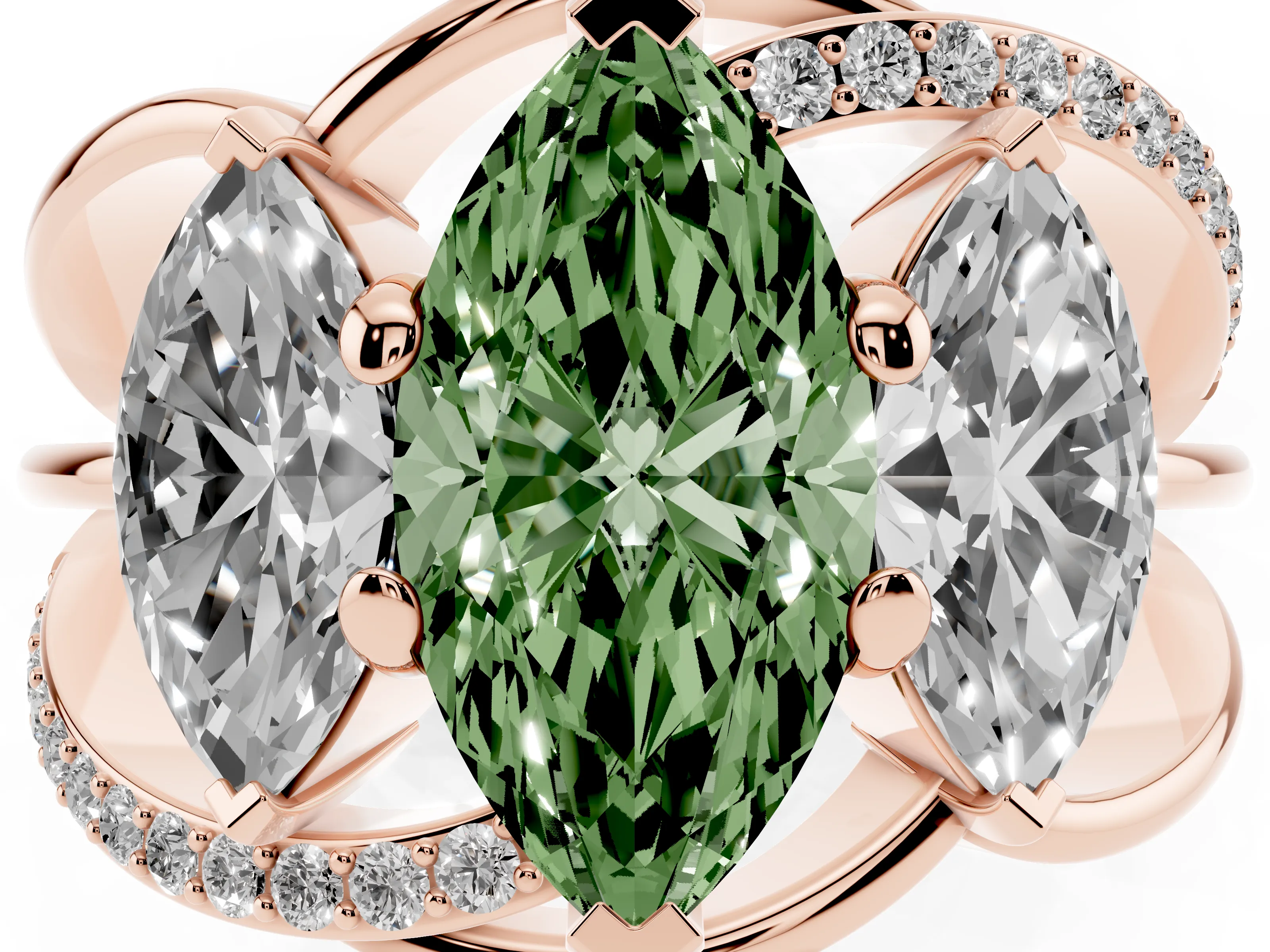 Fancy Green Marquise Cut Diamond Three-Stone Ring Set in Rose gold with Split Shank and Prong Setting