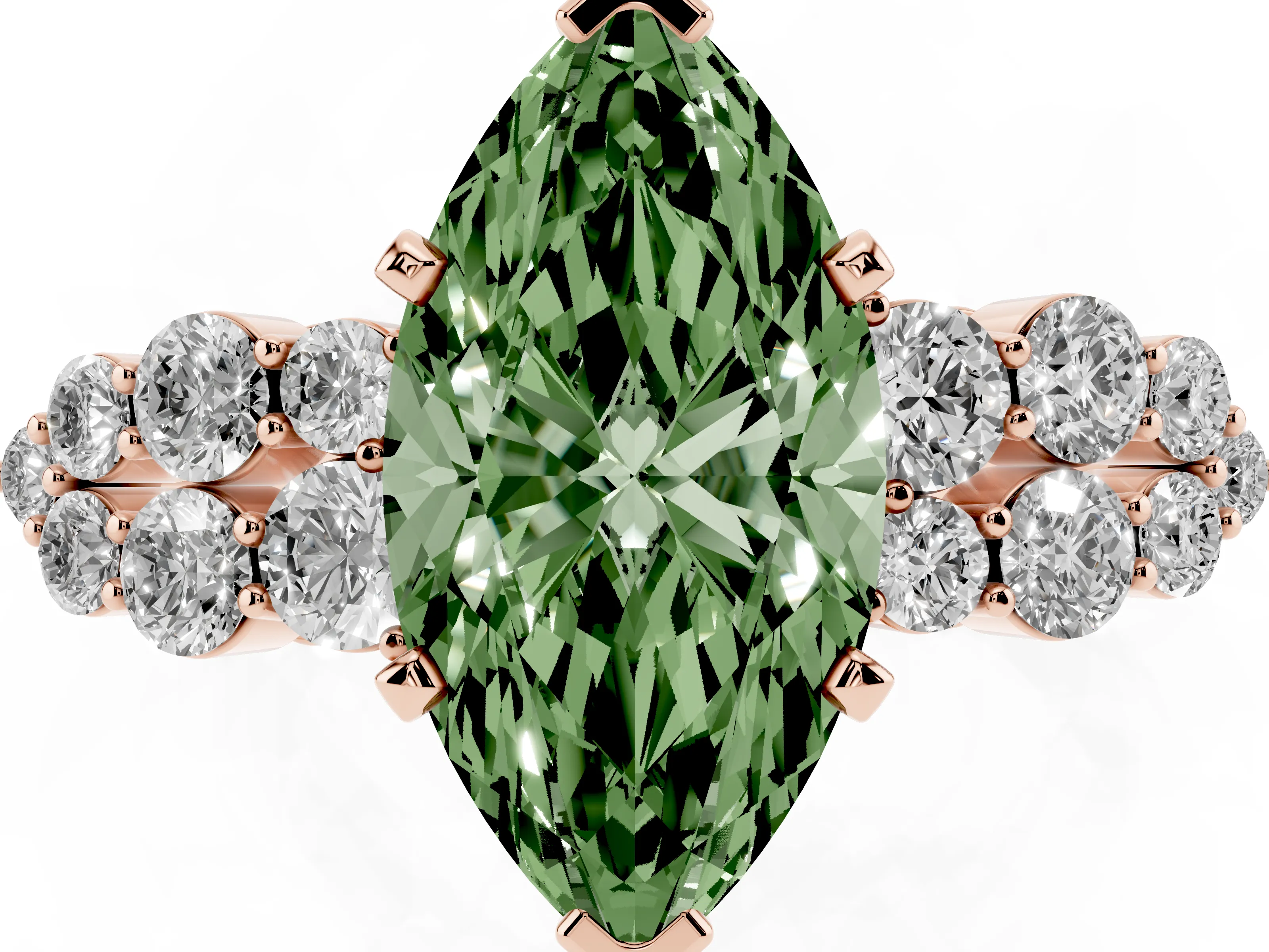 Fancy Green Marquise Cut Diamond Cluster Engagement Ring Set in Rose gold with Pavé Band and Prong Setting