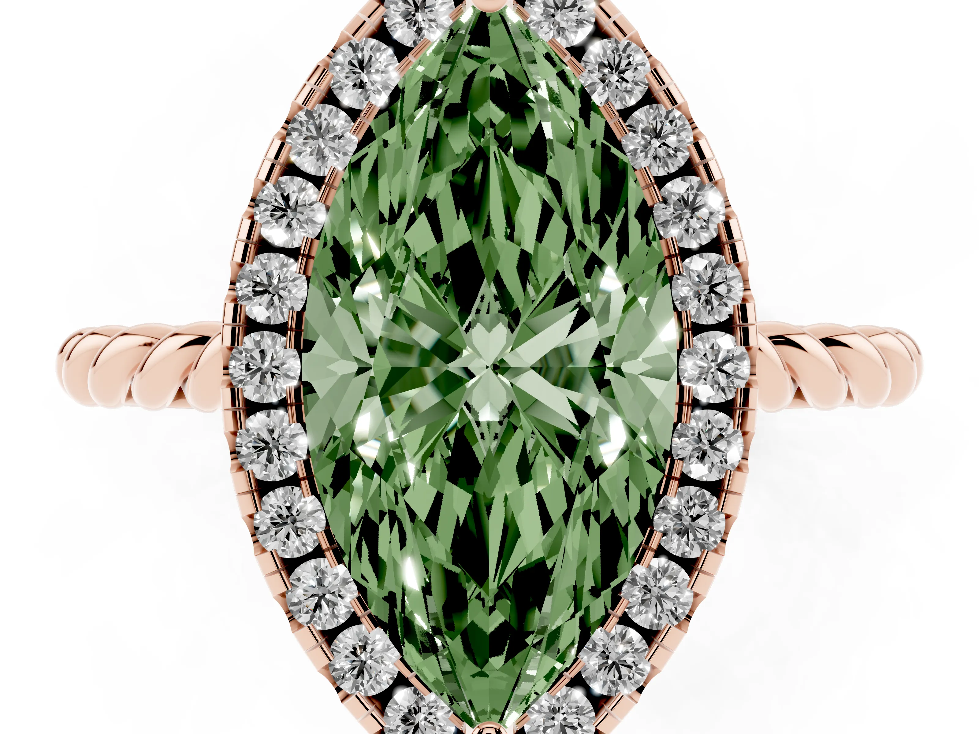 Fancy Green Marquise Cut Diamond Halo Ring Set in Rose gold with Plain Twisted Band