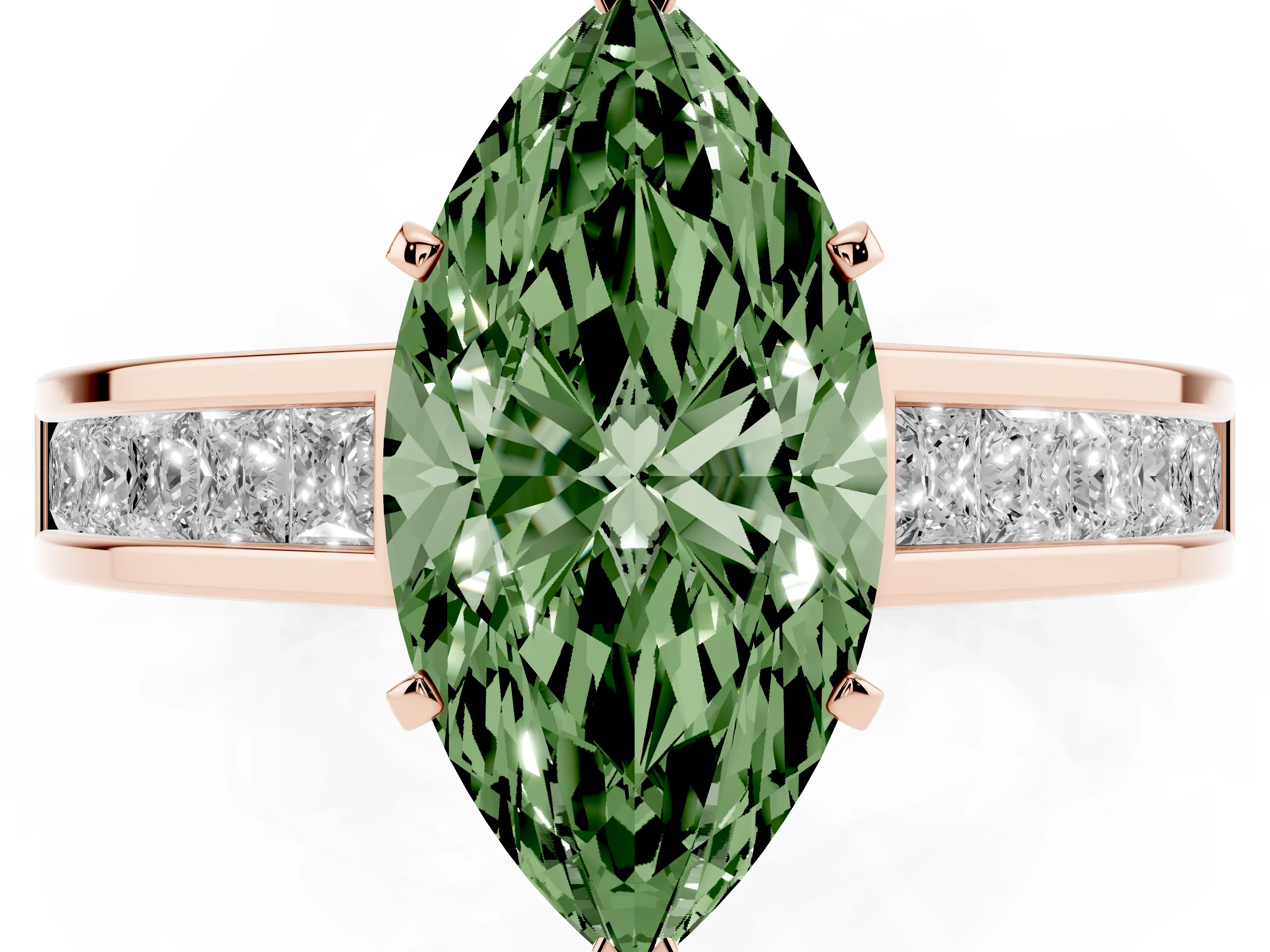 Fancy Green Marquise Cut Diamond Solitaire Ring Set in Rose gold with Channel-Set Band and Prong Setting