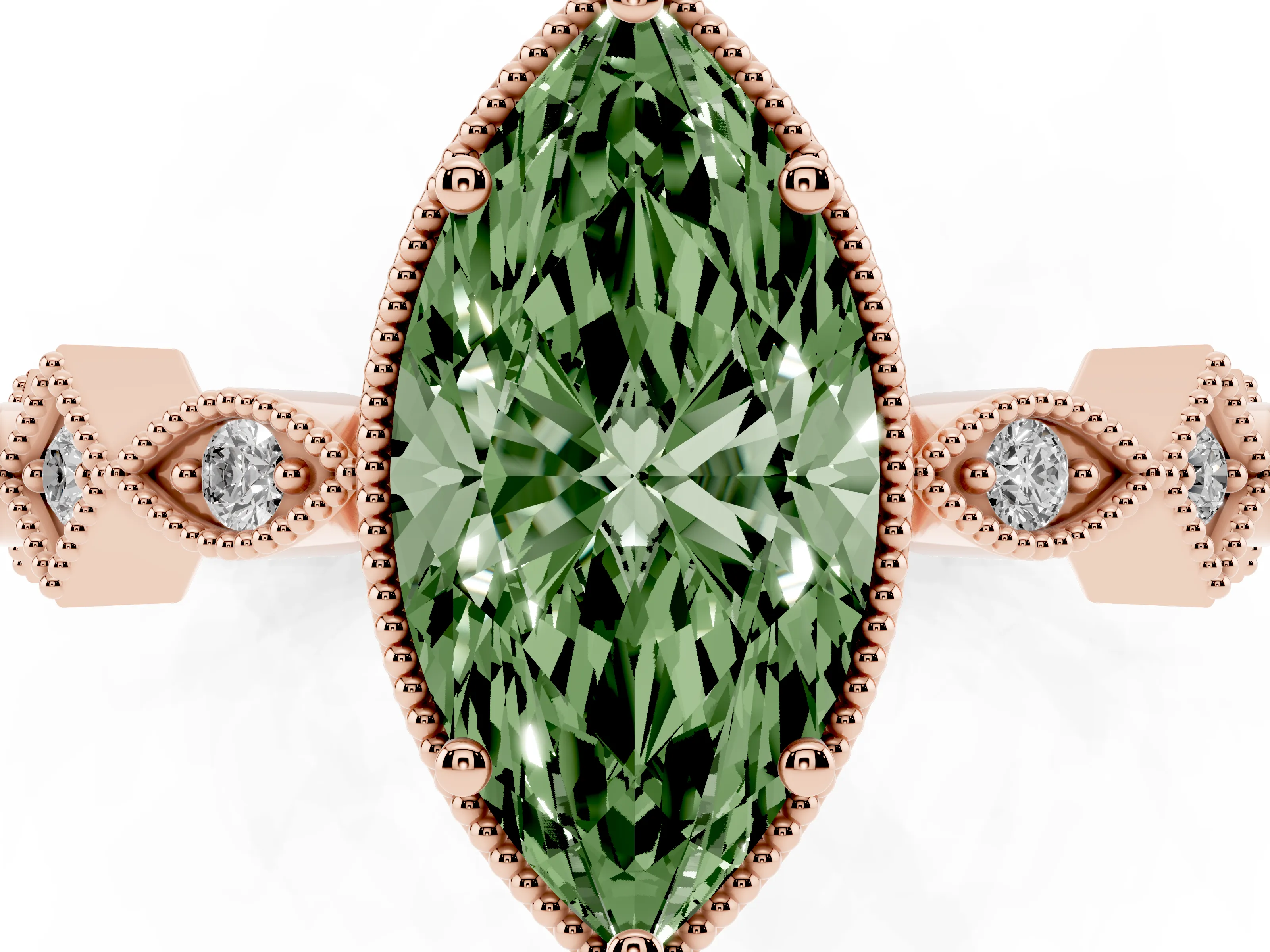 Fancy Green Marquise Cut Diamond Milgrain Marquise Twist Band Ring Set in Rose gold with Prong Setting