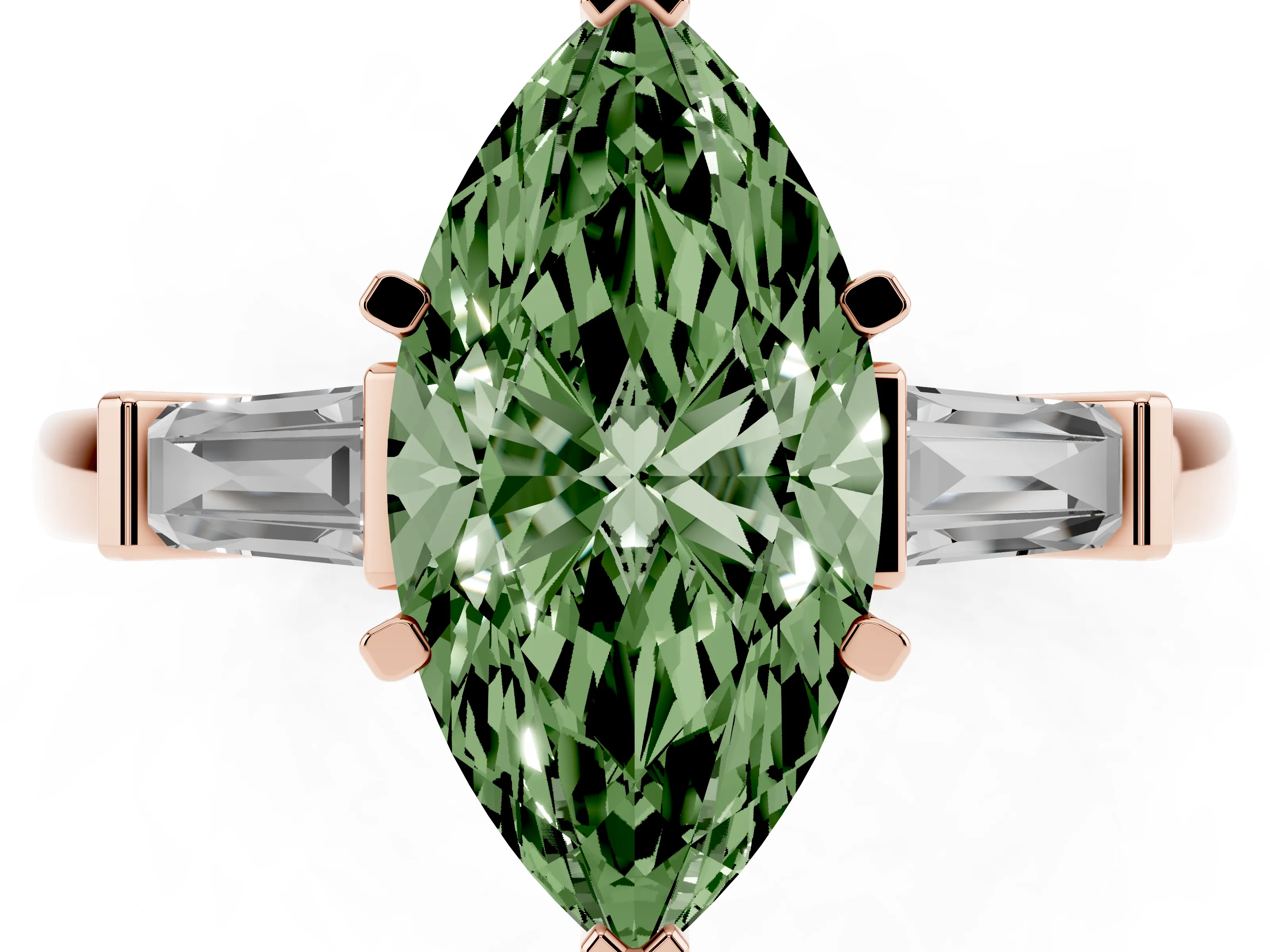 Fancy Green Marquise Cut Diamond Solitaire Ring Set in Rose gold with Tapered Baguette Accents and Prong Setting