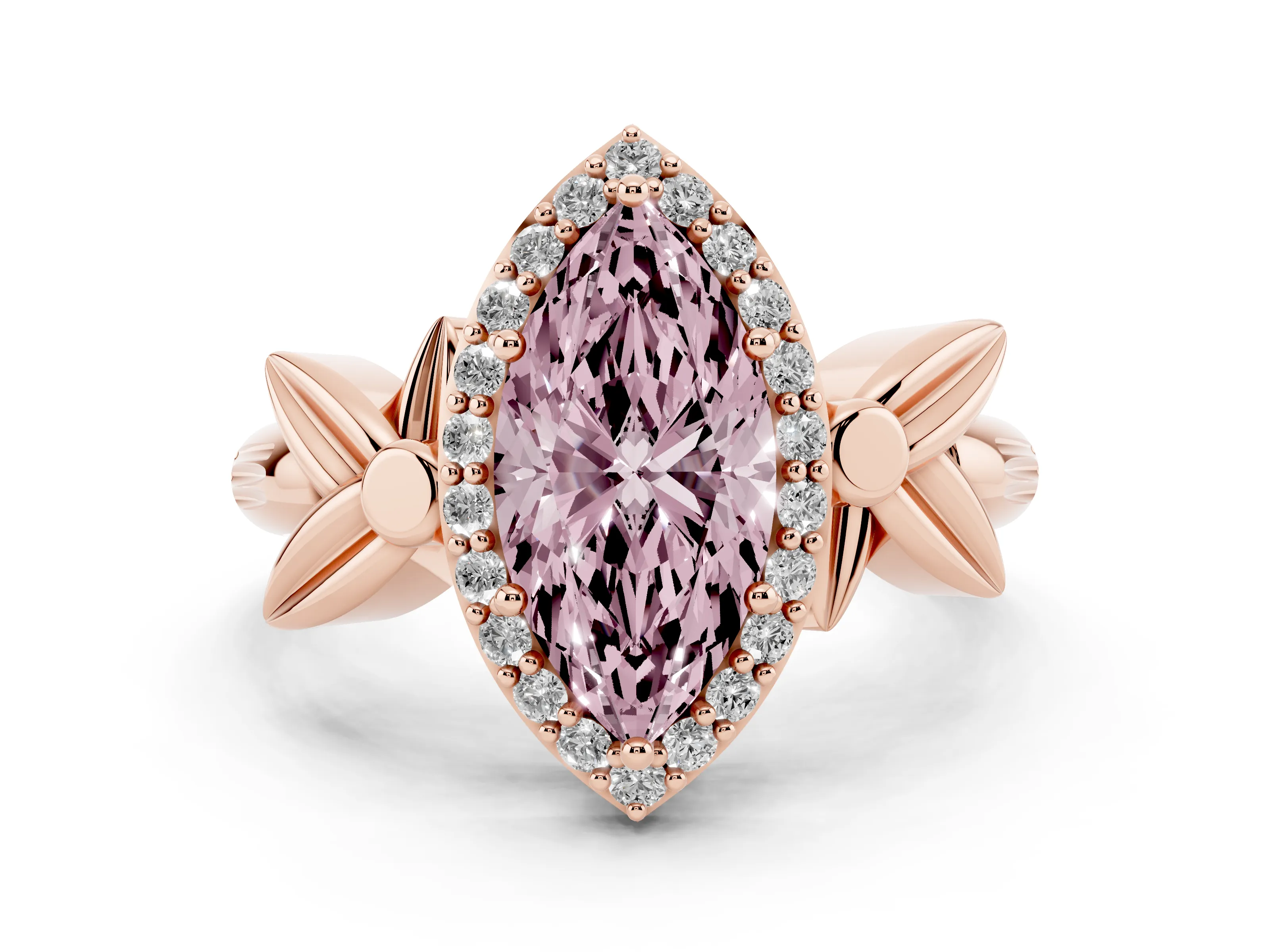 Fancy Pink Marquise Cut Diamond Halo Floral Band Ring Set in Rose gold with Prong Setting