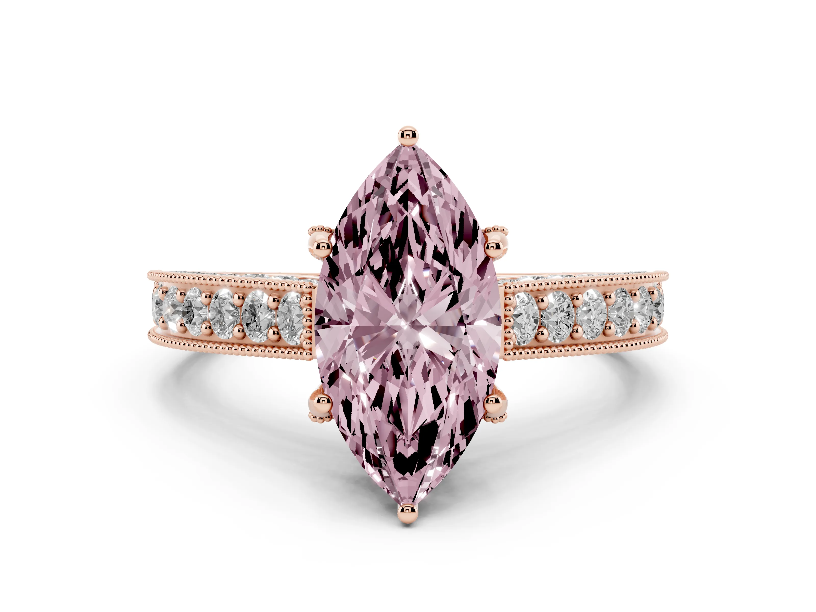 Fancy Pink Marquise Cut Diamond Solitaire Ring Set in Rose gold with Milgrain-Edged Pavé Band and Prong Setting