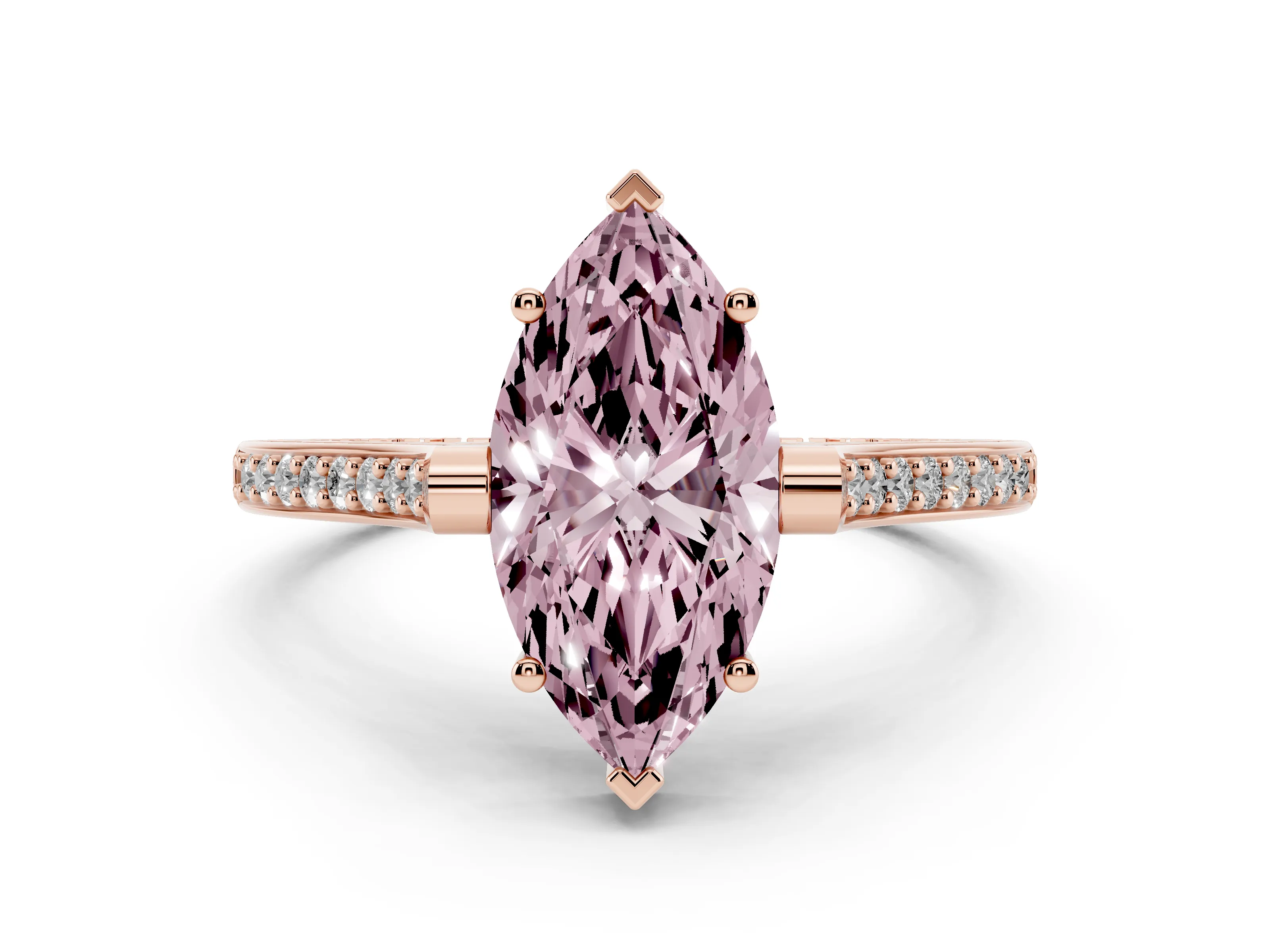 Fancy Pink Marquise Cut Diamond Solitaire Ring Set in Rose gold with Channel Set Band and Bezel Prong Setting
