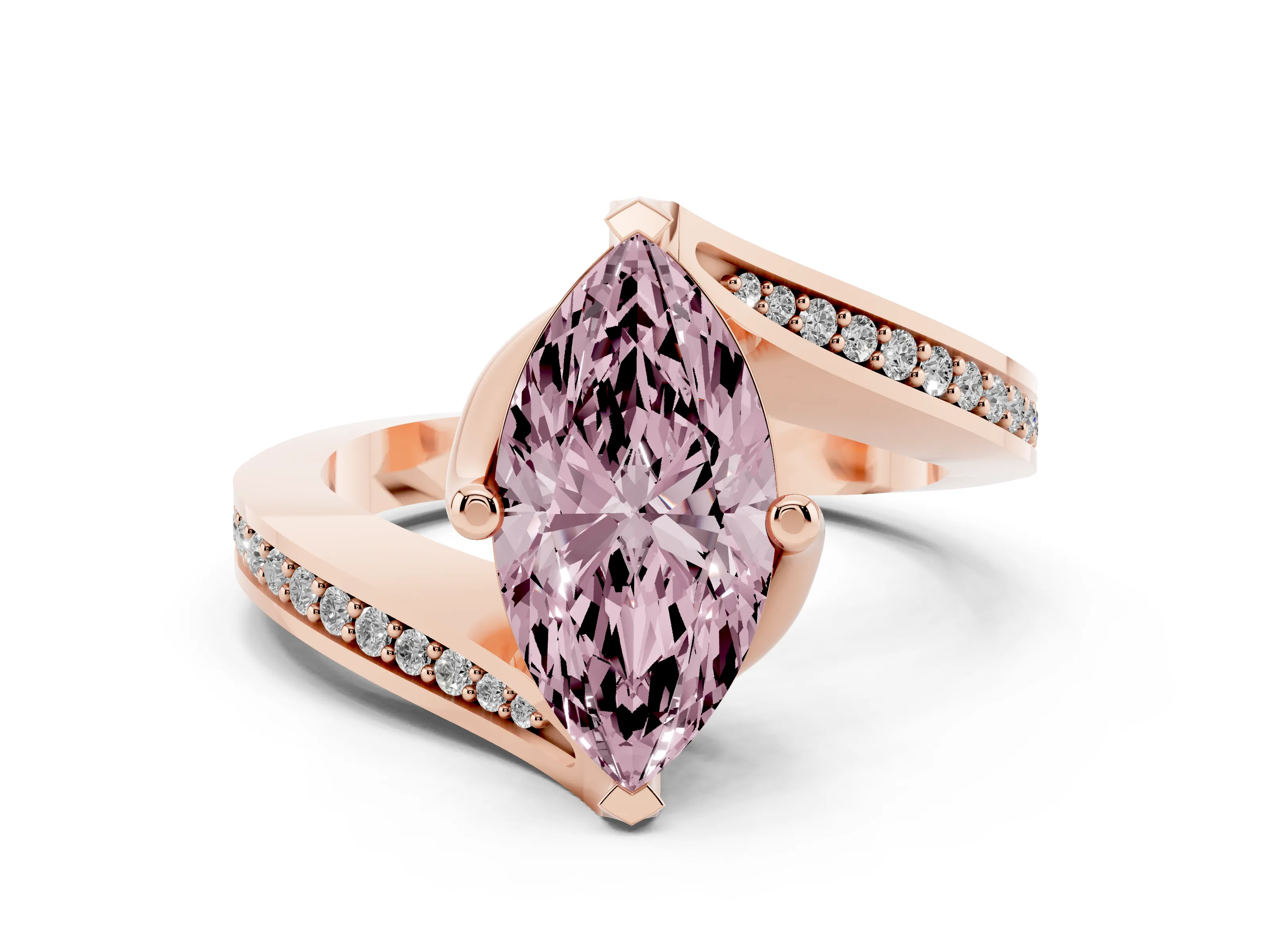 Fancy Pink Marquise Cut Diamond Solitaire Ring Set in Rose gold with Intertwined Pavé Twist Band