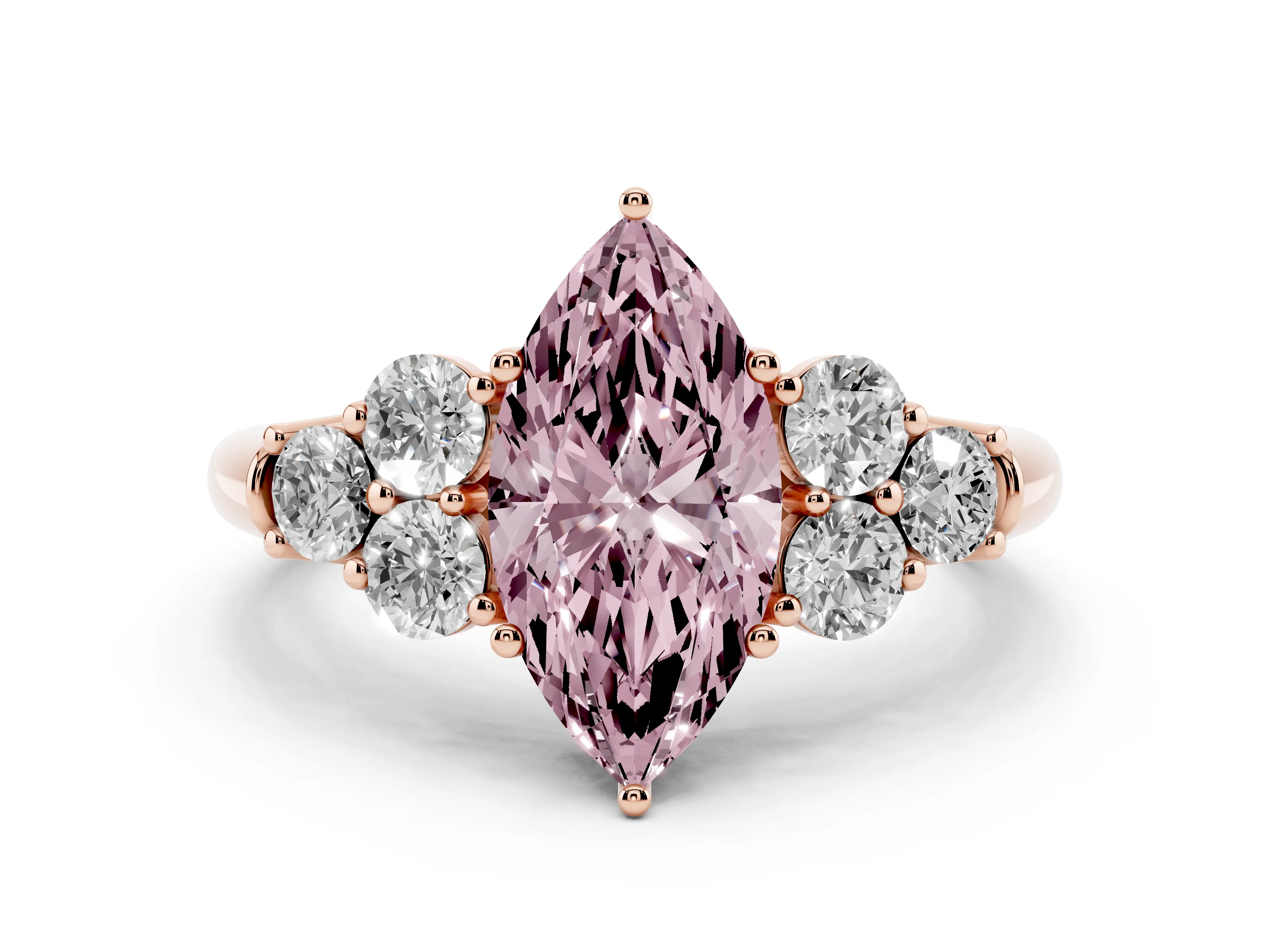 Fancy Pink Marquise Cut Diamond Cluster Ring Set in Rose gold with Round Accent Stones and Prong Setting on a Plain Band