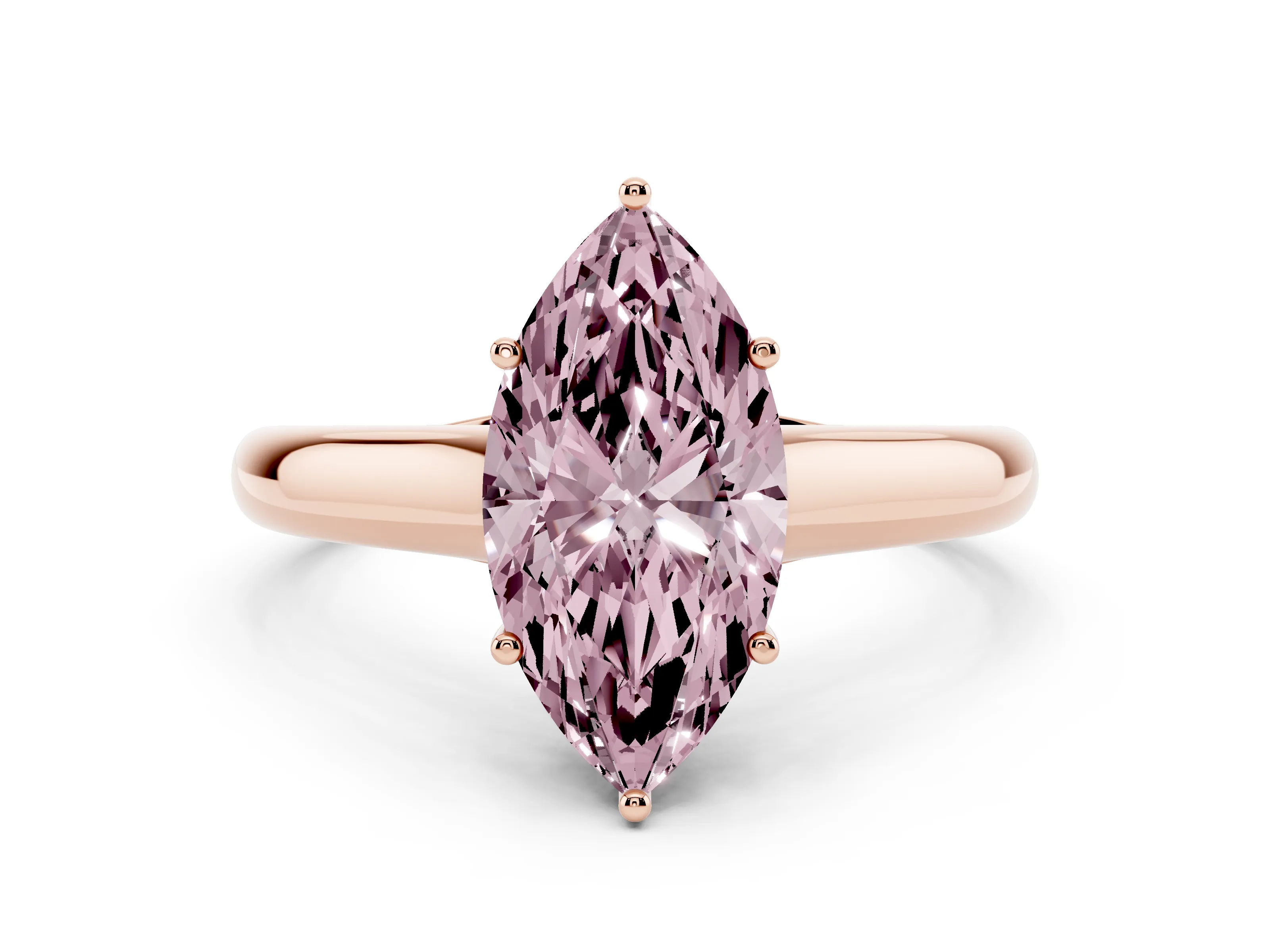 Fancy Pink Marquise Cut Diamond Solitaire Engagement Ring Set in Rose gold with Subtly Tapered Band and Prong Setting