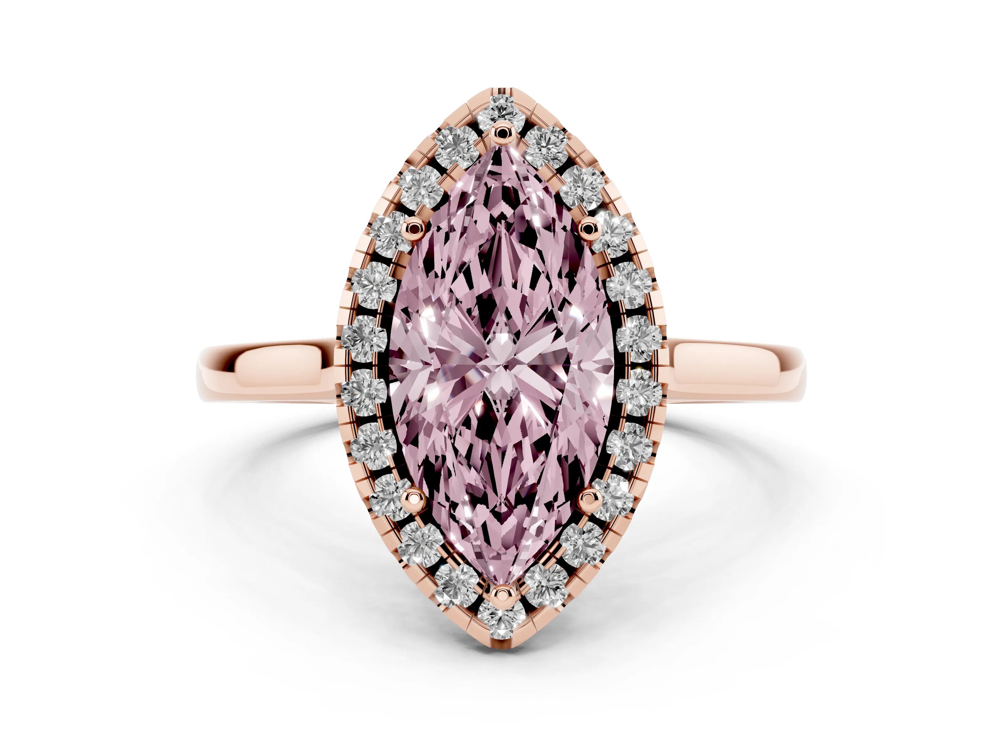 Fancy Pink Marquise Cut Halo Round Diamond Solitaire Ring Set in Rose gold with Pavé Band and Prong Setting