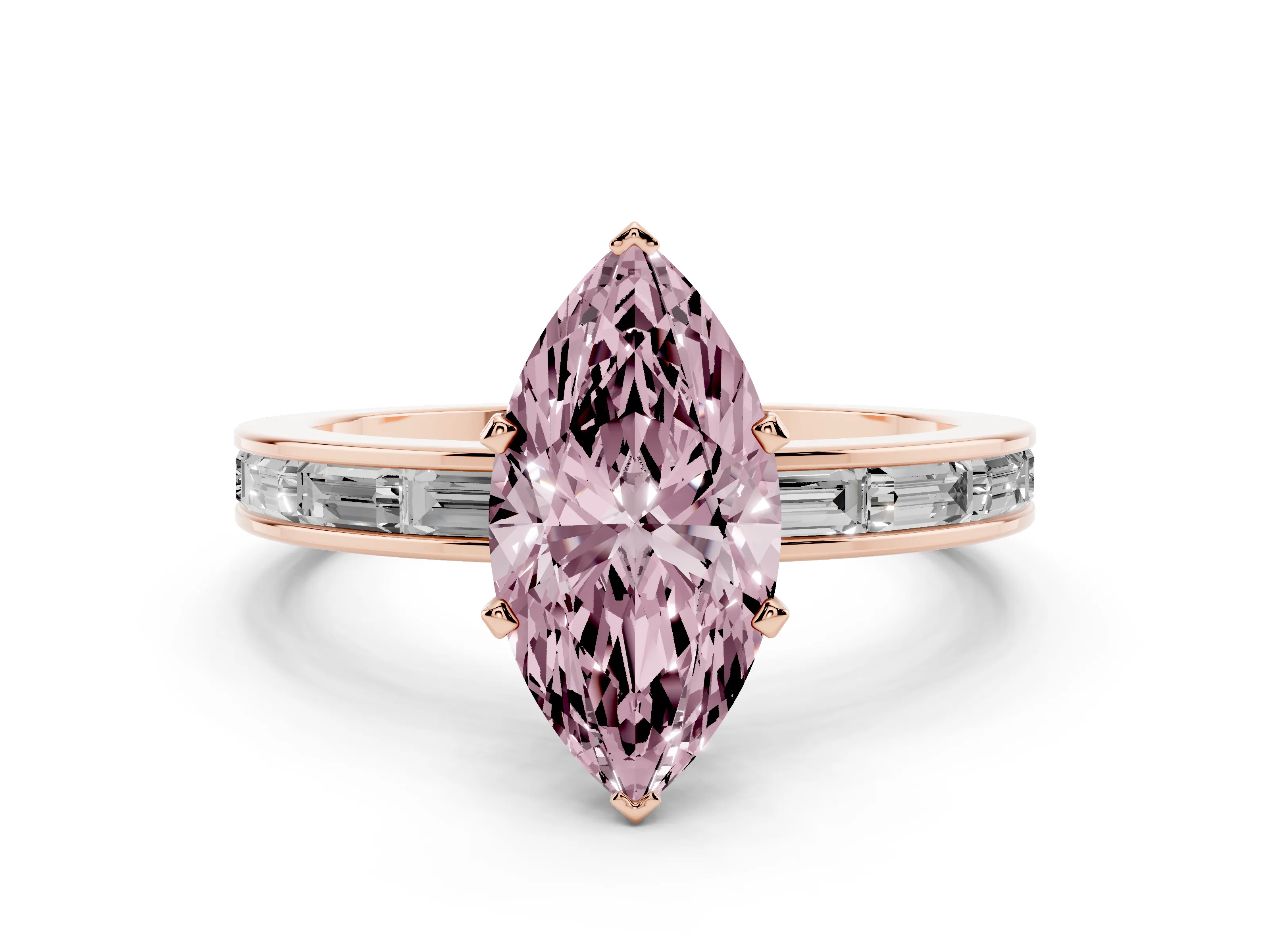 Fancy Pink Marquise Cut Diamond Solitaire Ring Set in Rose gold with Channel-Set Baguette Band and Prong Setting