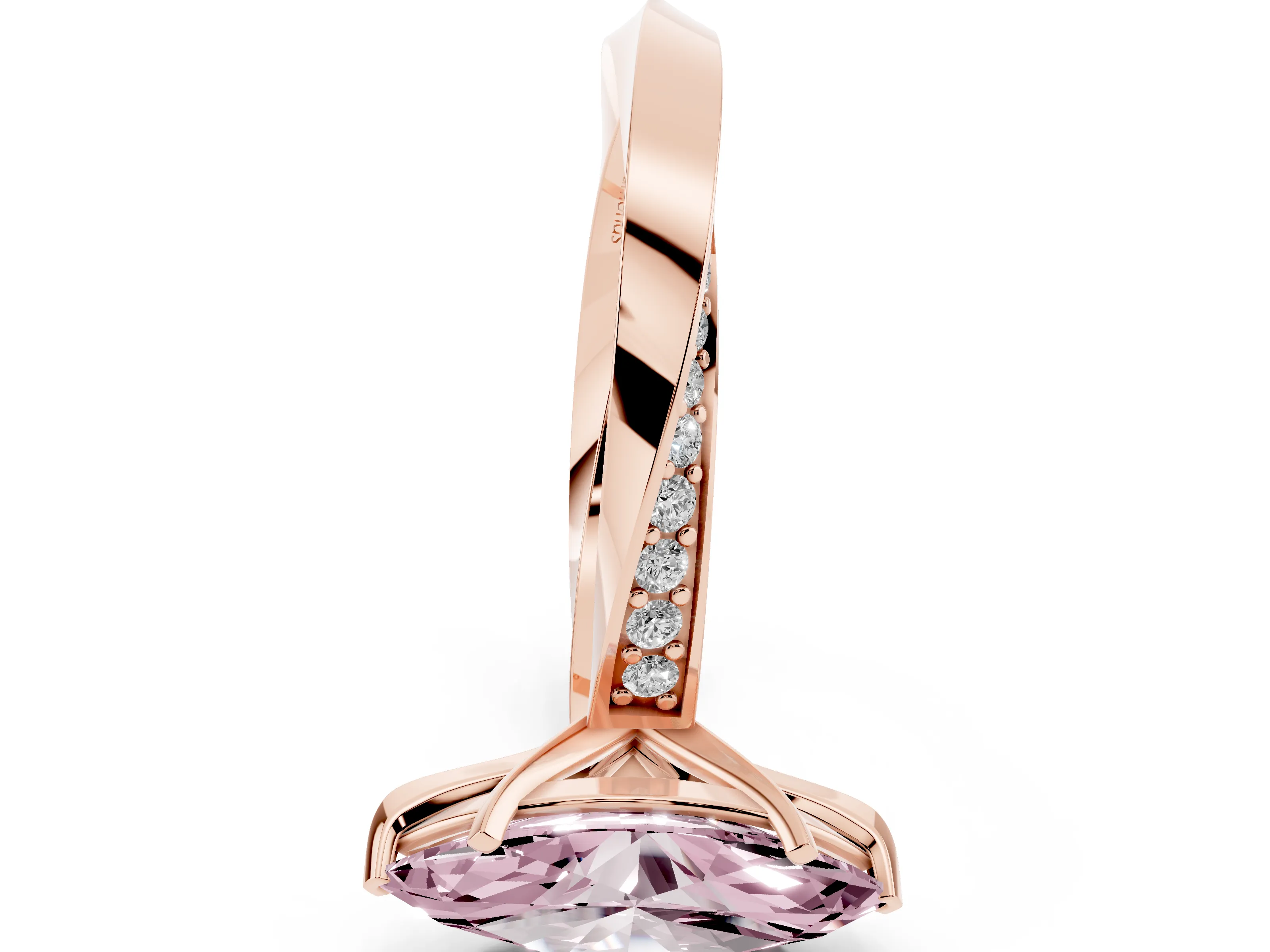 Fancy Pink Marquise Cut Diamond Engagement Ring Set in Rose gold with Side Stone Accents and Prong Setting