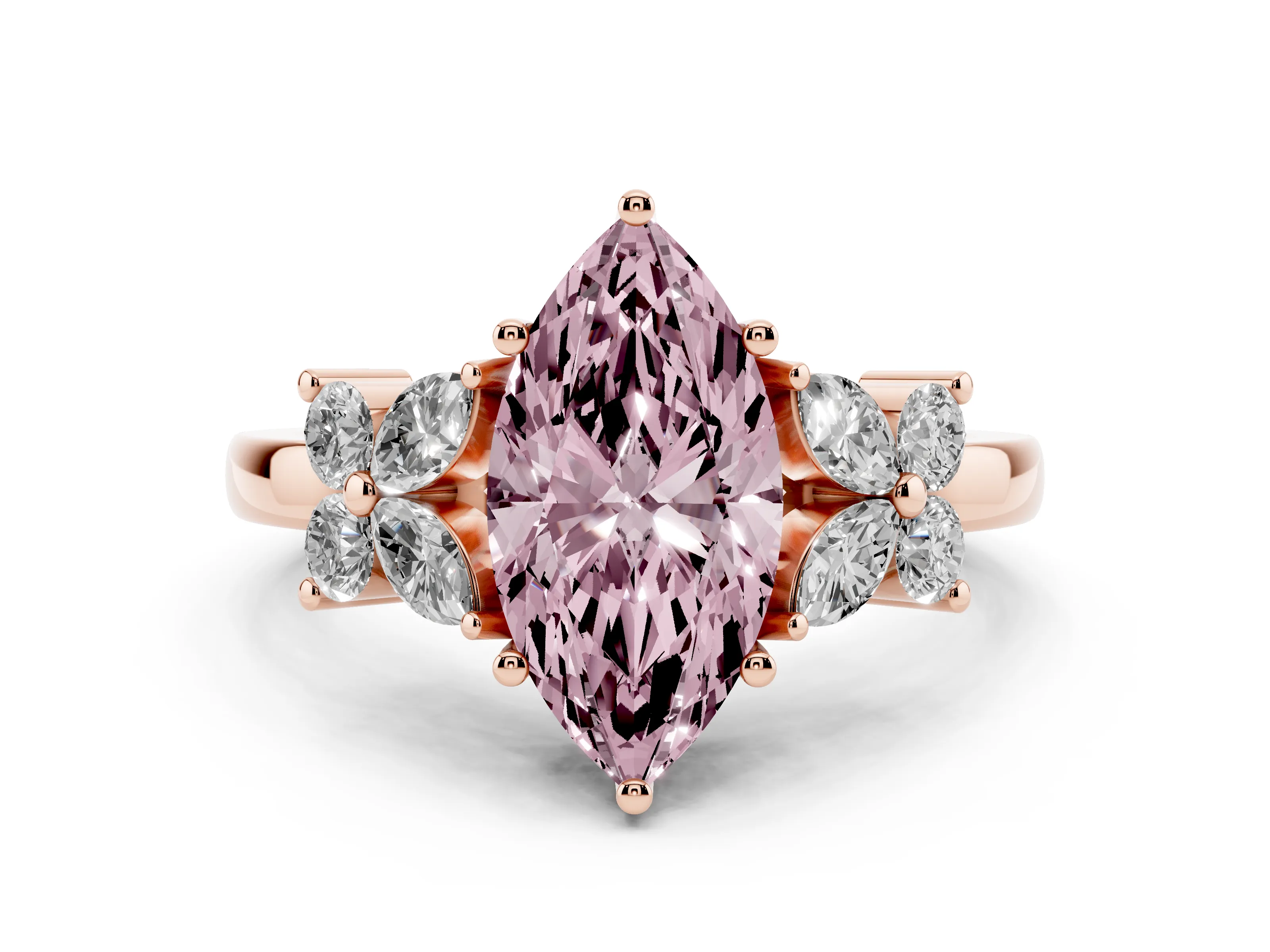 Fancy Pink Marquise Cut Diamond Floral Cluster Ring Set in Rose gold with Marquise Petals and Prong Setting