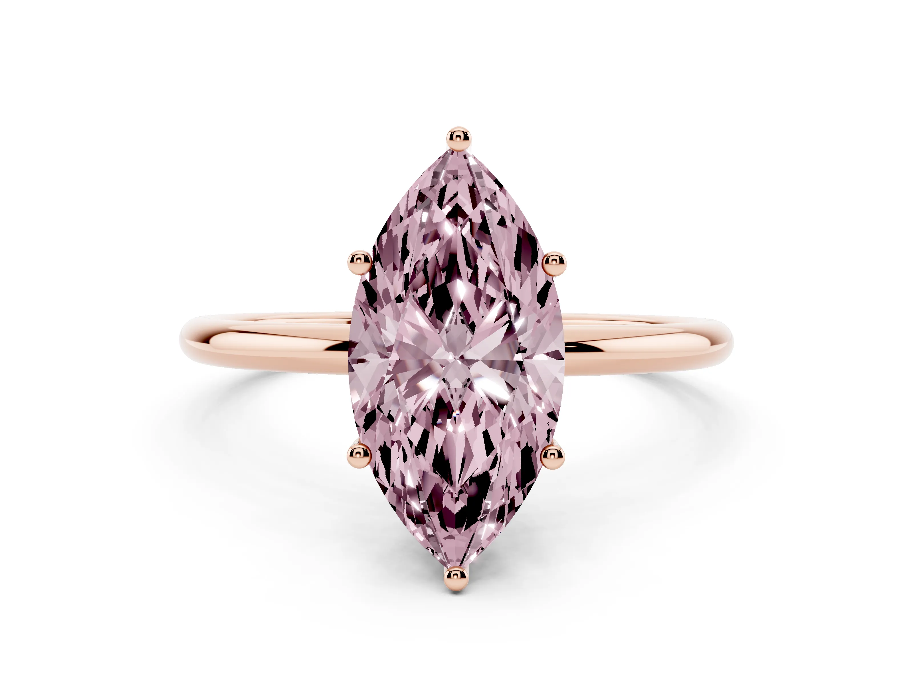 Fancy Pink Marquise Cut Diamond Solitaire Engagement Ring Set in Rose gold with Thin Band and Prong Setting
