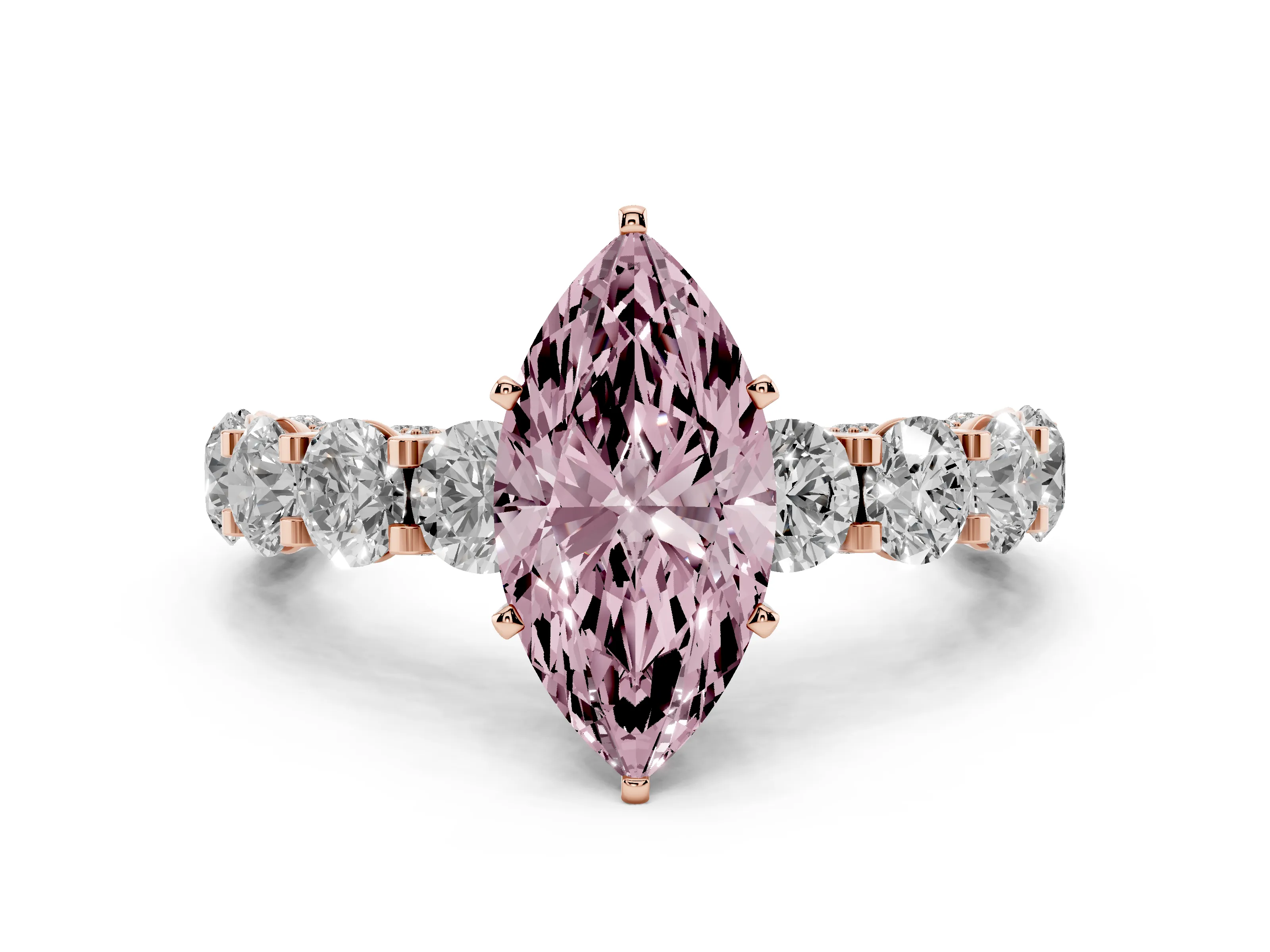 Fancy Pink Marquise Cut Diamond Side Stone Ring Set in Rose gold with Alternating Round and Oval Side Stones